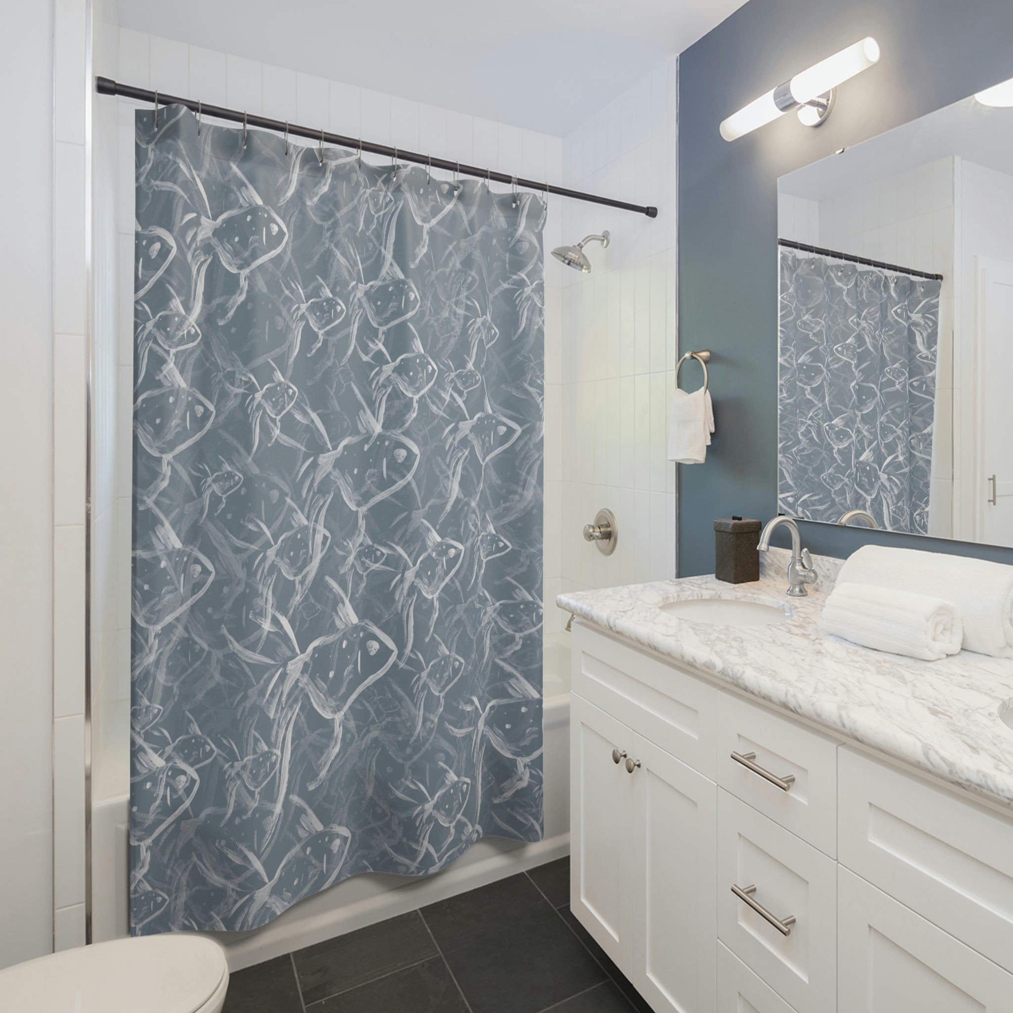 Blue and White Fish Print Shower Curtain - Waterproof Bathroom Decor for Coastal, Nautical & Beach Theme Bathrooms