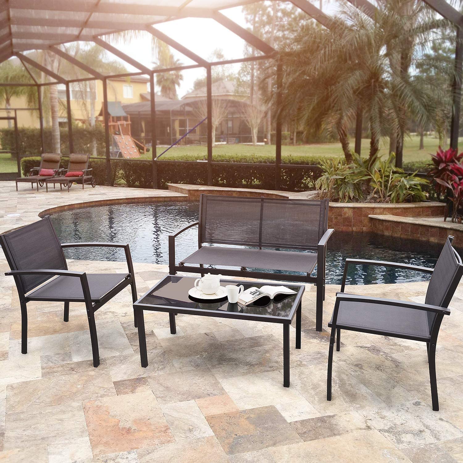 4-Piece Modern Black Outdoor Patio Furniture Set with Weather-Resistant Cushions - Durable Steel Frame for Garden, Deck & Balcony Seating - Perfect for Backyard Relaxation & Outdoor Entertaining | SKU: S3068