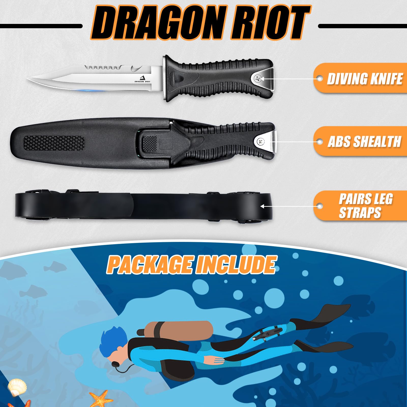 DRAGON RIOT Ultra Sharp Dive Knife with Sheath & Leg Straps - Double Edged Scuba Knife for Saltwater Diving, Snorkeling, Spearfishing | Perfect for Underwater Adventures, Marine Activities & Emergency Situations