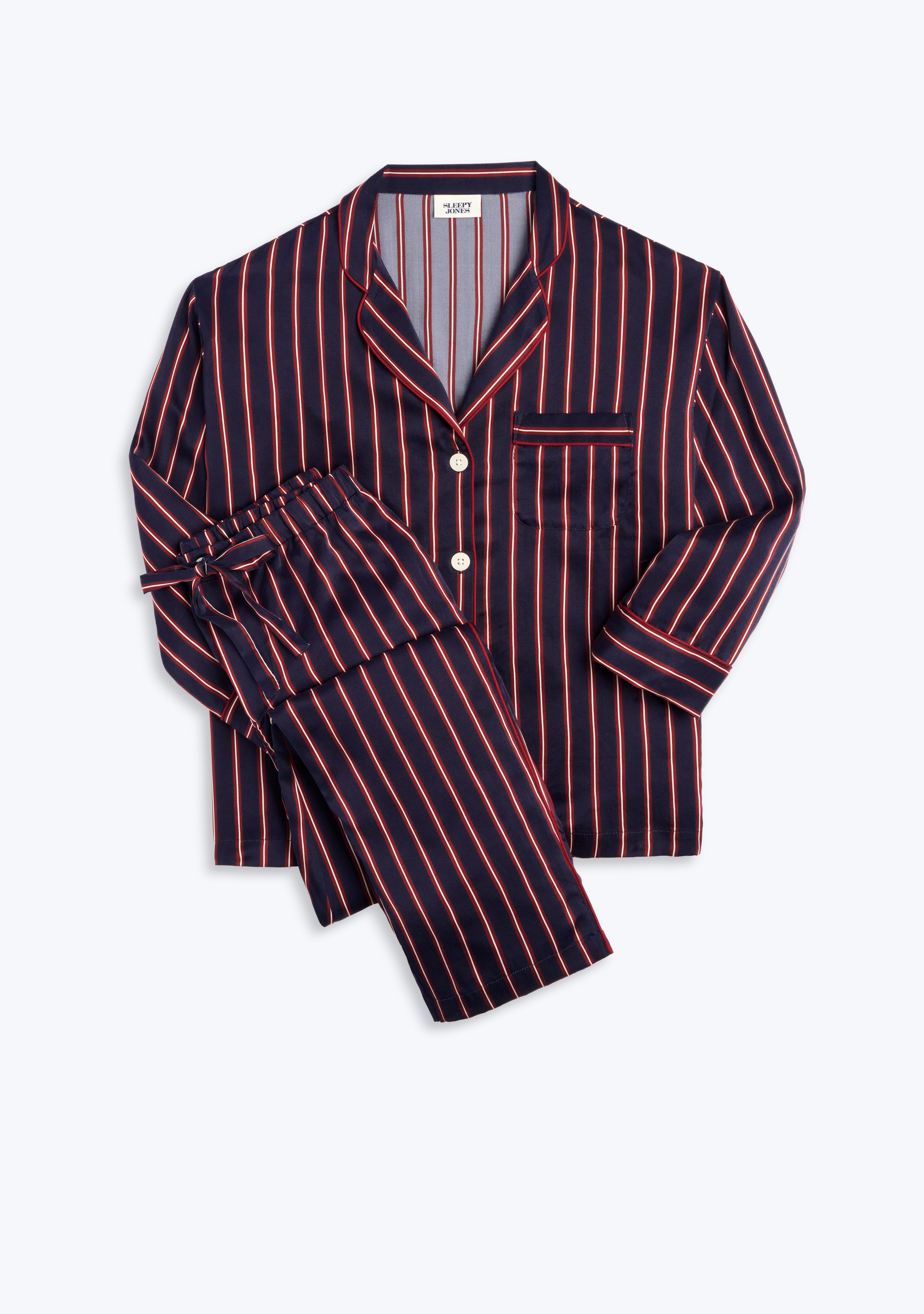 Luxurious Washable Silk Pajama Set for Women - Midnight Stripe Print - Soft & Breathable Sleepwear - Perfect for Relaxing at Home, Spa Days & Cozy Evenings