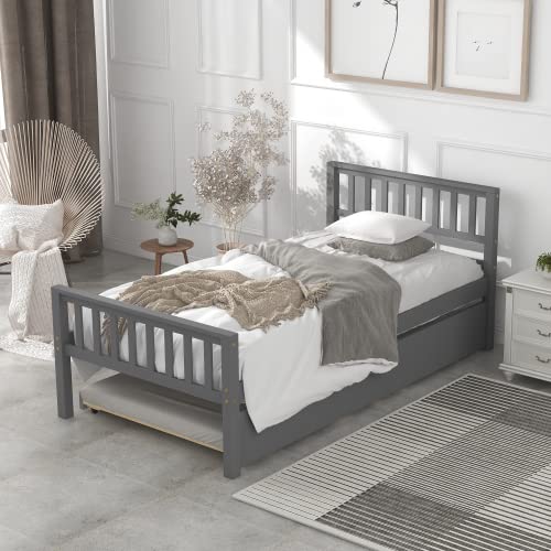 Solid Wood Twin Bed with Trundle - Platform Bed Frame with Headboard & Footboard for Small Spaces | No Box Spring Needed | Wood Slat Support | Gray Finish | Perfect for Guest Rooms, Kids' Bedrooms & Studio Apartments