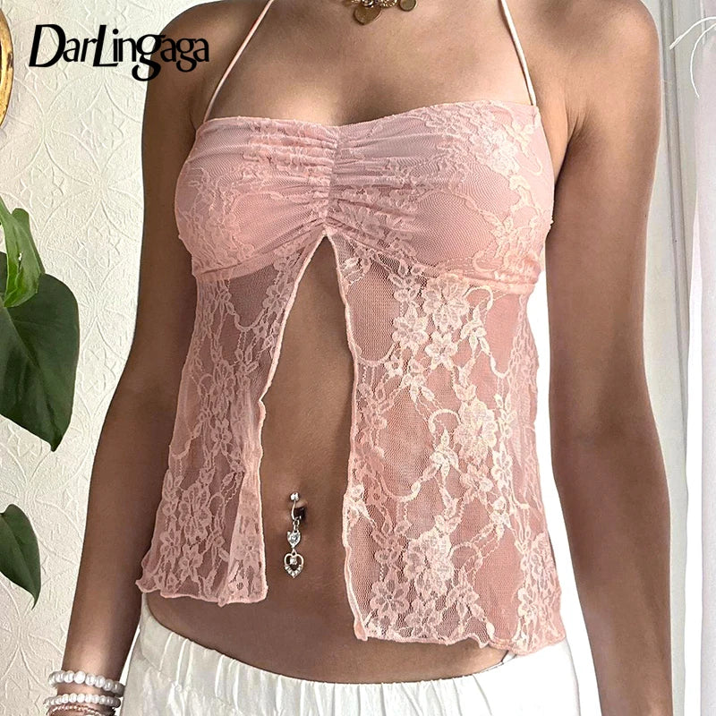 Sexy Pink Lace Backless Halter Top - Y2K Transparent Tie-Up Camisole for Summer & Party | Cute Coquette Style for Club, Date Night & Beach Outfits