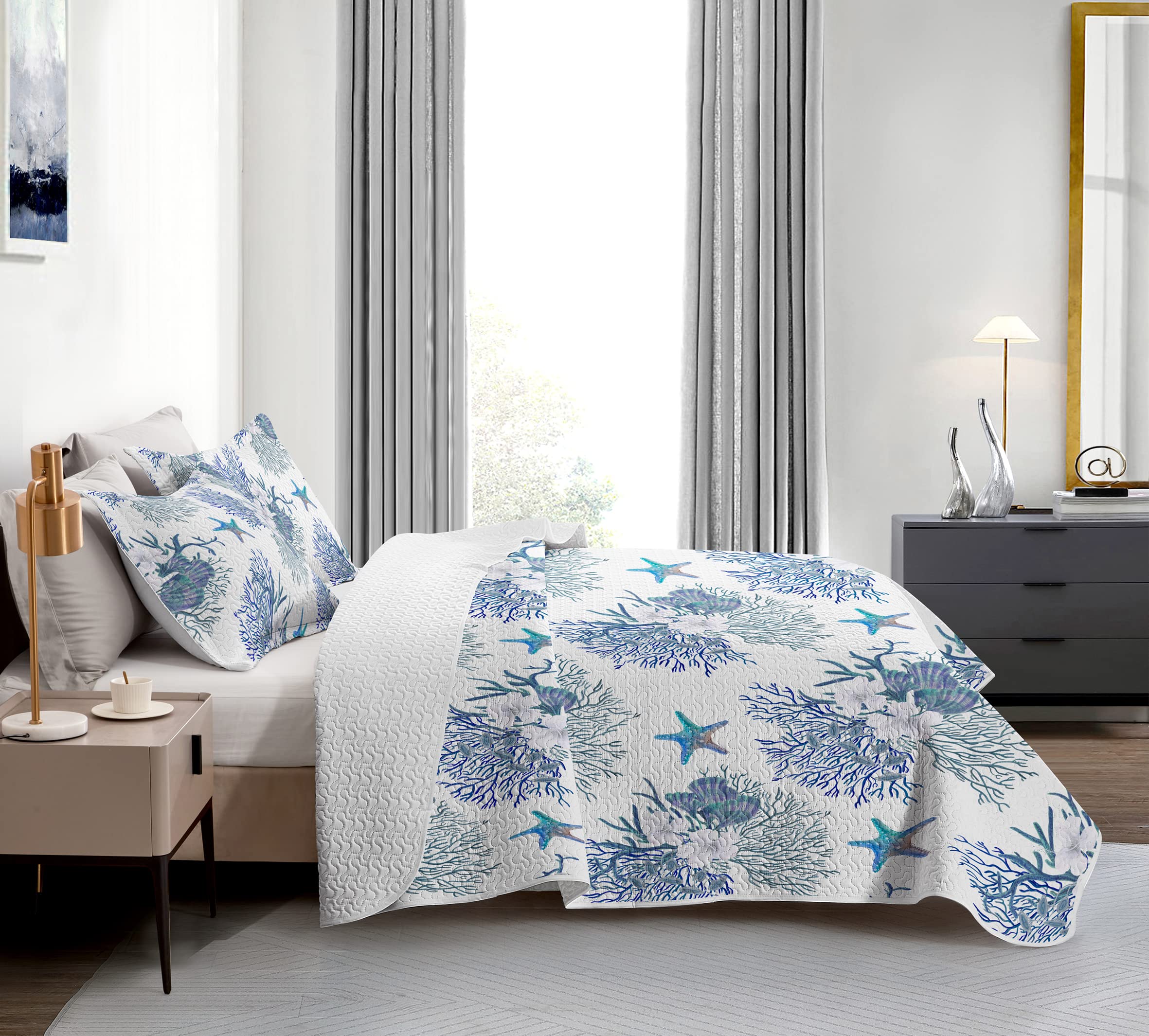 Coastal Queen Size Quilt Set with 2 Shams - Nautical Ocean Blue Starfish Bedspread & Summer Comforter 90''x96'' - Perfect for Beach House Decor, Guest Room Bedding & Coastal Themed Bedrooms