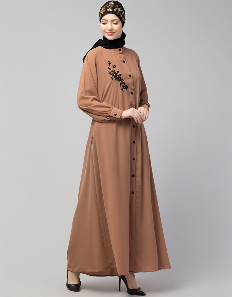 Elegant Black Embroidered Arabic Front Open Casual Abaya in Skin Color - Perfect for Daily Wear, Prayer, and Special Occasions