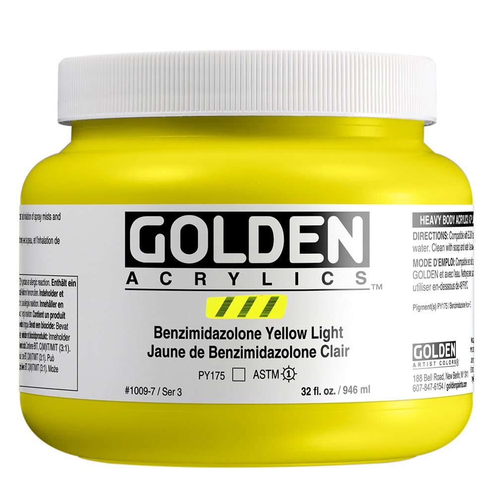 GOLDEN Heavy Body Acrylic Paint - Benzimidazolone Yellow Light (32 fl. oz Jar) | Professional Transparent Acrylics for Canvas Painting, Murals & Fine Art