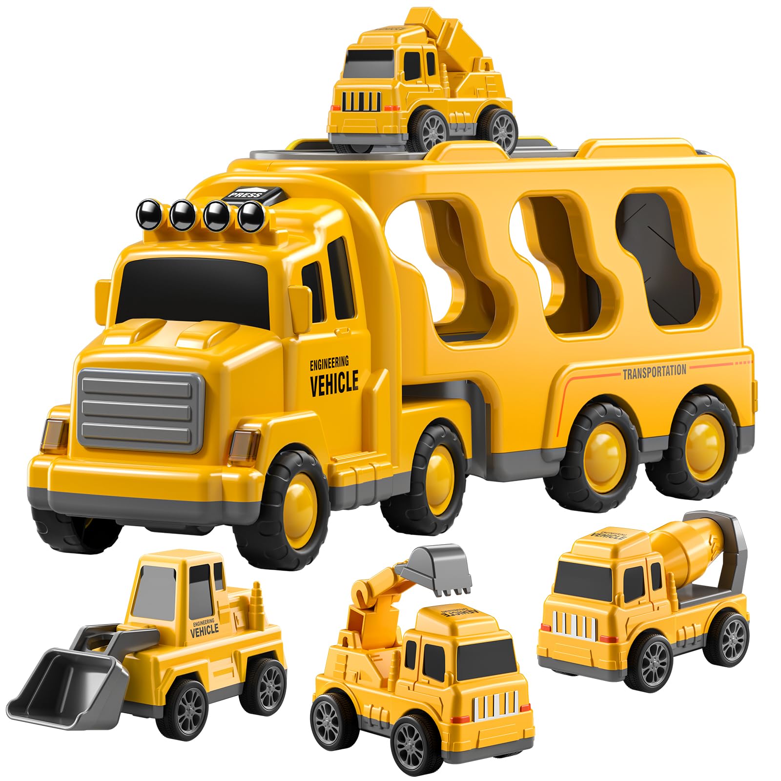 TEMI Construction Truck Toy Set for Kids Ages 3-7 - Engineering Vehicle Carrier with Excavator & Crane - STEM Learning Toys for Boys & Girls - Perfect for Birthday Gifts & Pretend Play Construction Site Scenes
