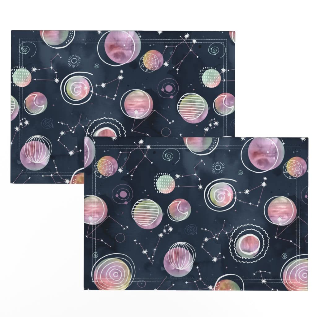 Cosmic Watercolor Planet Constellation Placemats Set of 2 - Linen Cotton Canvas Table Mats for Dining, Kitchen Decor, Galaxy Themed Dinner Party & Astronomy Enthusiasts