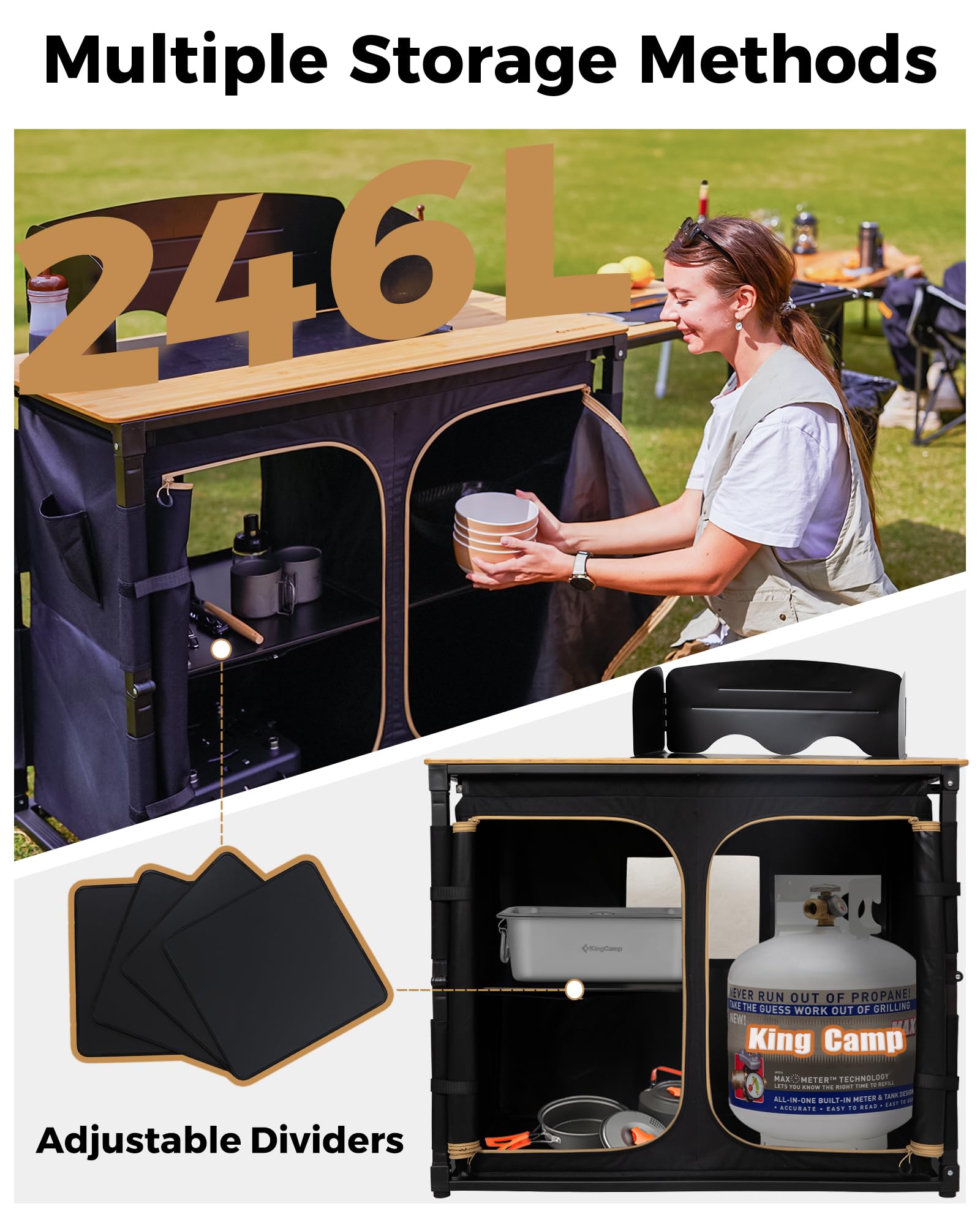 KingCamp XL-Black Bamboo Folding Camping Table with Aluminum Frame, Lantern Pole, Side Hooks & Pockets - Portable Outdoor Cooking Station for Camping, Picnics, BBQ & Tailgating