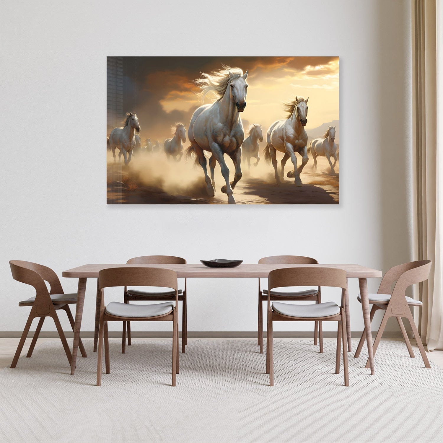 White Horses Tempered Glass Wall Art - Elegant Home Decor for Living Room, Bedroom & Office - Shatterproof & Stylish
