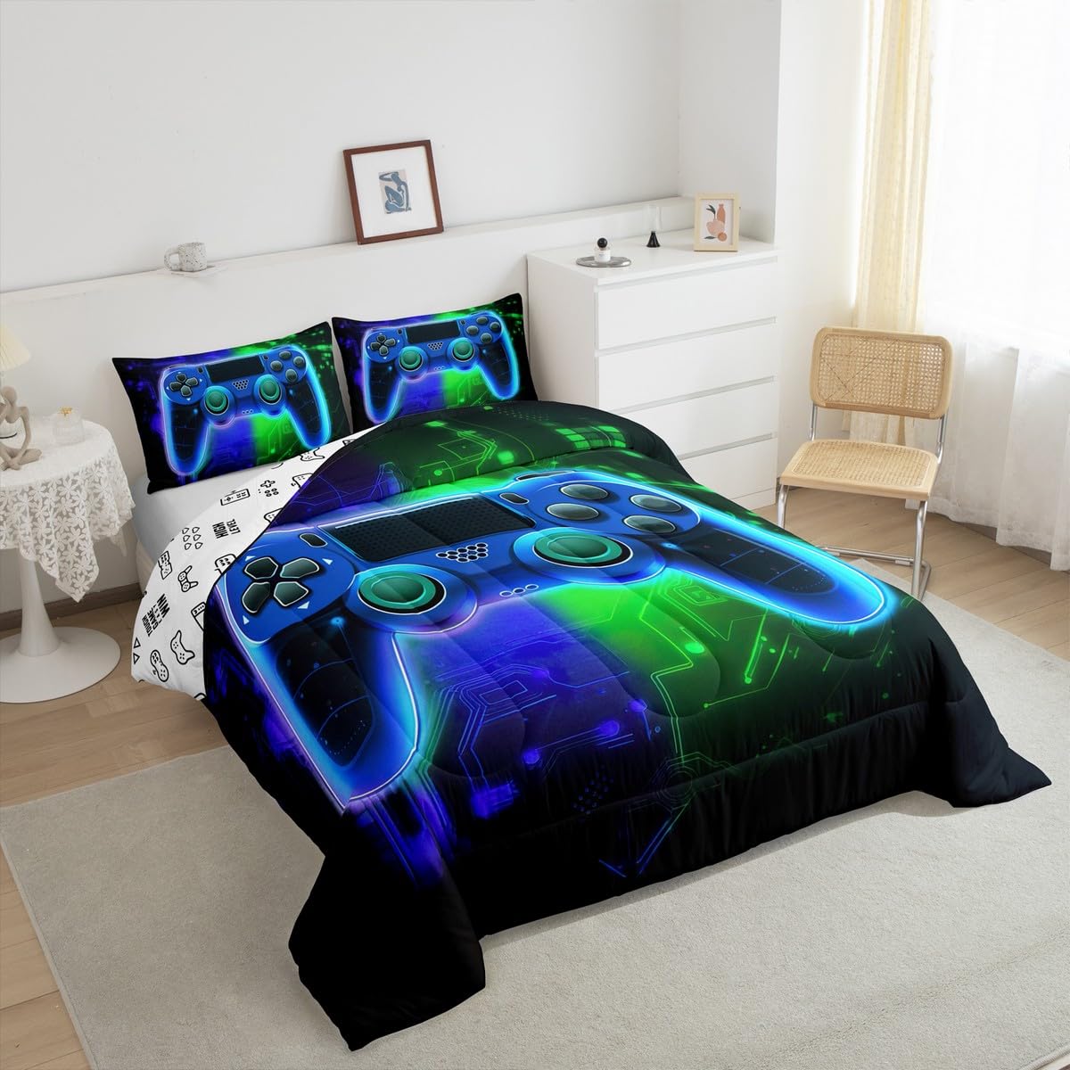 Cool Gaming Comforter Set for Boys - Full Size Video Game Controller Bedding with 2 Pillowcases | Blue & Green Gamer Duvet Cover | Perfect for Kids' Bedroom, Sleepovers & Gaming Themed Decor