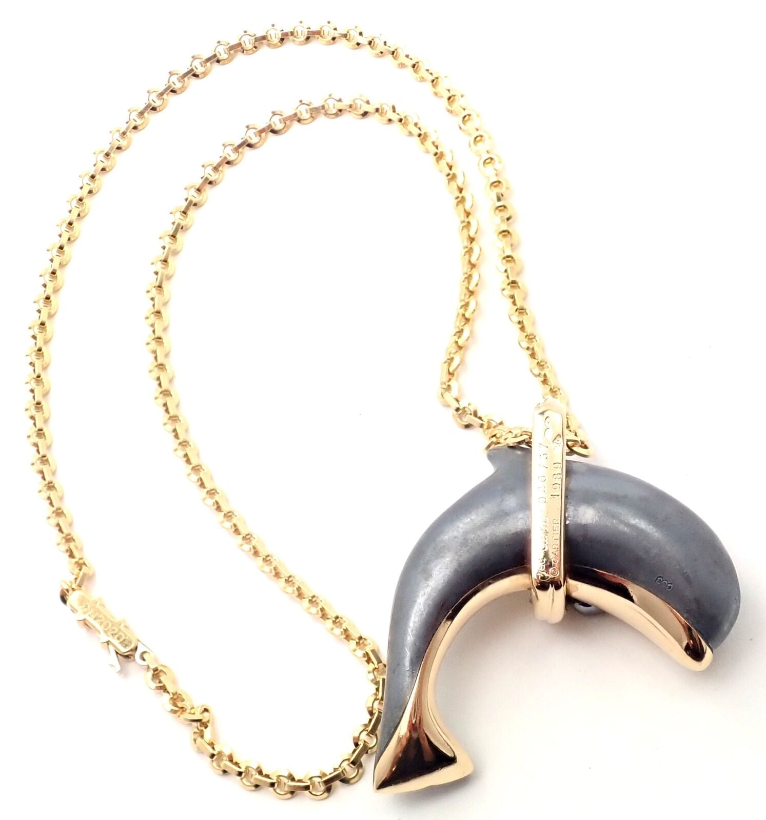 Authentic Cartier 18k Yellow Gold Hematite Dolphin Pendant Necklace - Luxury Jewelry Gift for Women, Perfect for Anniversary, Birthday & Special Occasions