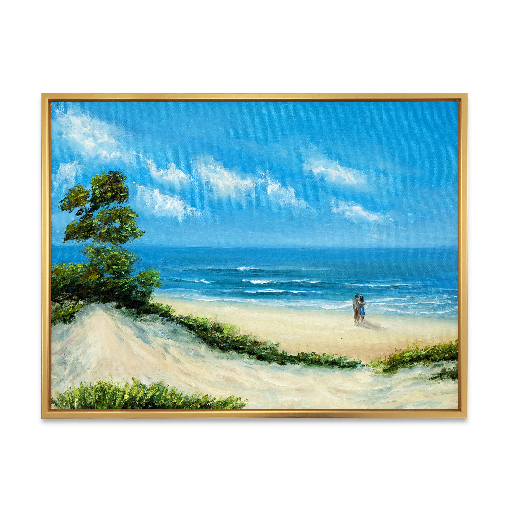 DesignQ Beach Couple Framed Canvas Wall Art - Nautical Coastal Decor for Living Room, Bedroom & Office - Perfect Beach House & Seaside Home Decoration