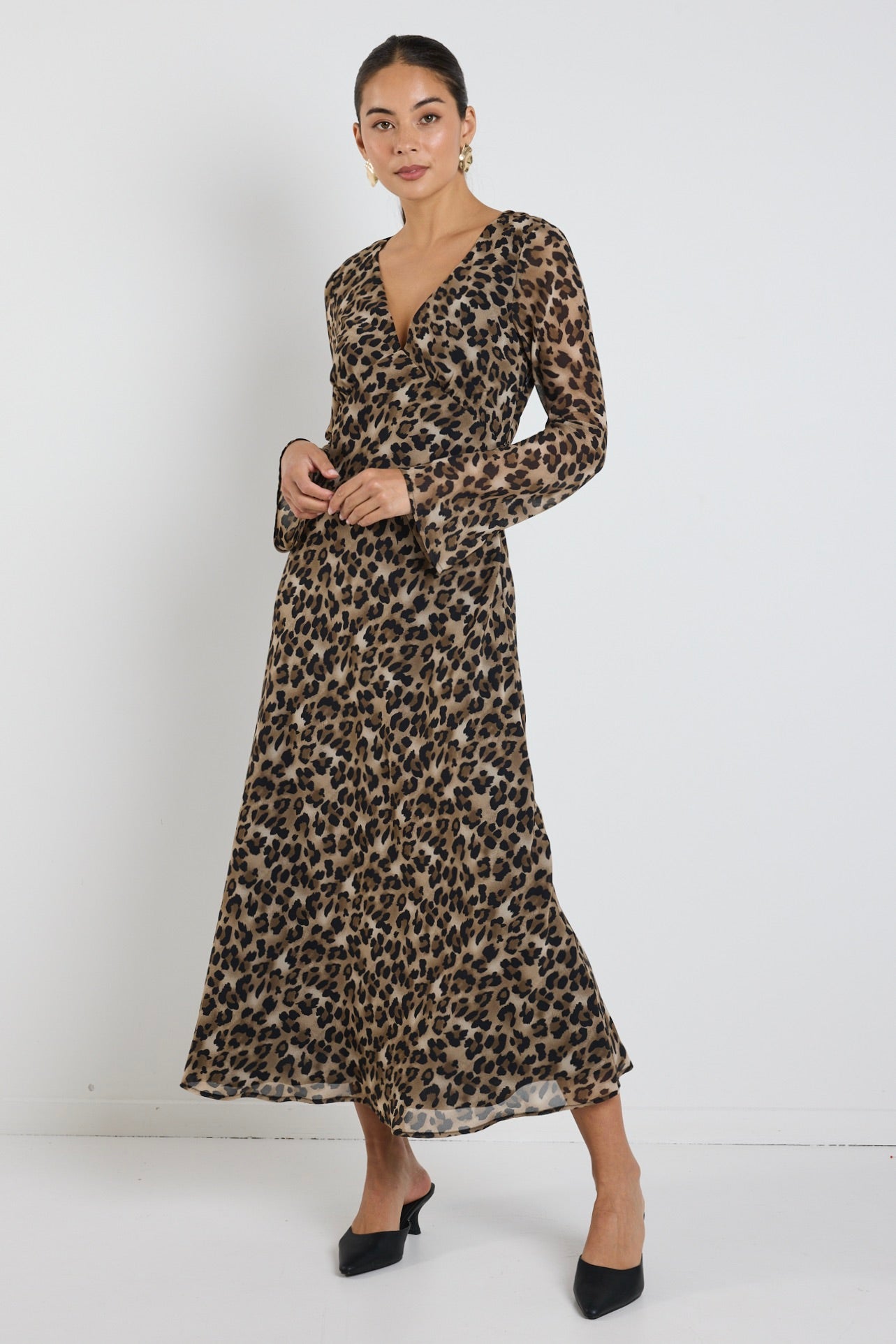 Chateau Leopard Print Georgette Fluted Sleeve V-Neck Bias Cut Midi Dress for Women | Elegant Party, Wedding Guest & Cocktail Attire