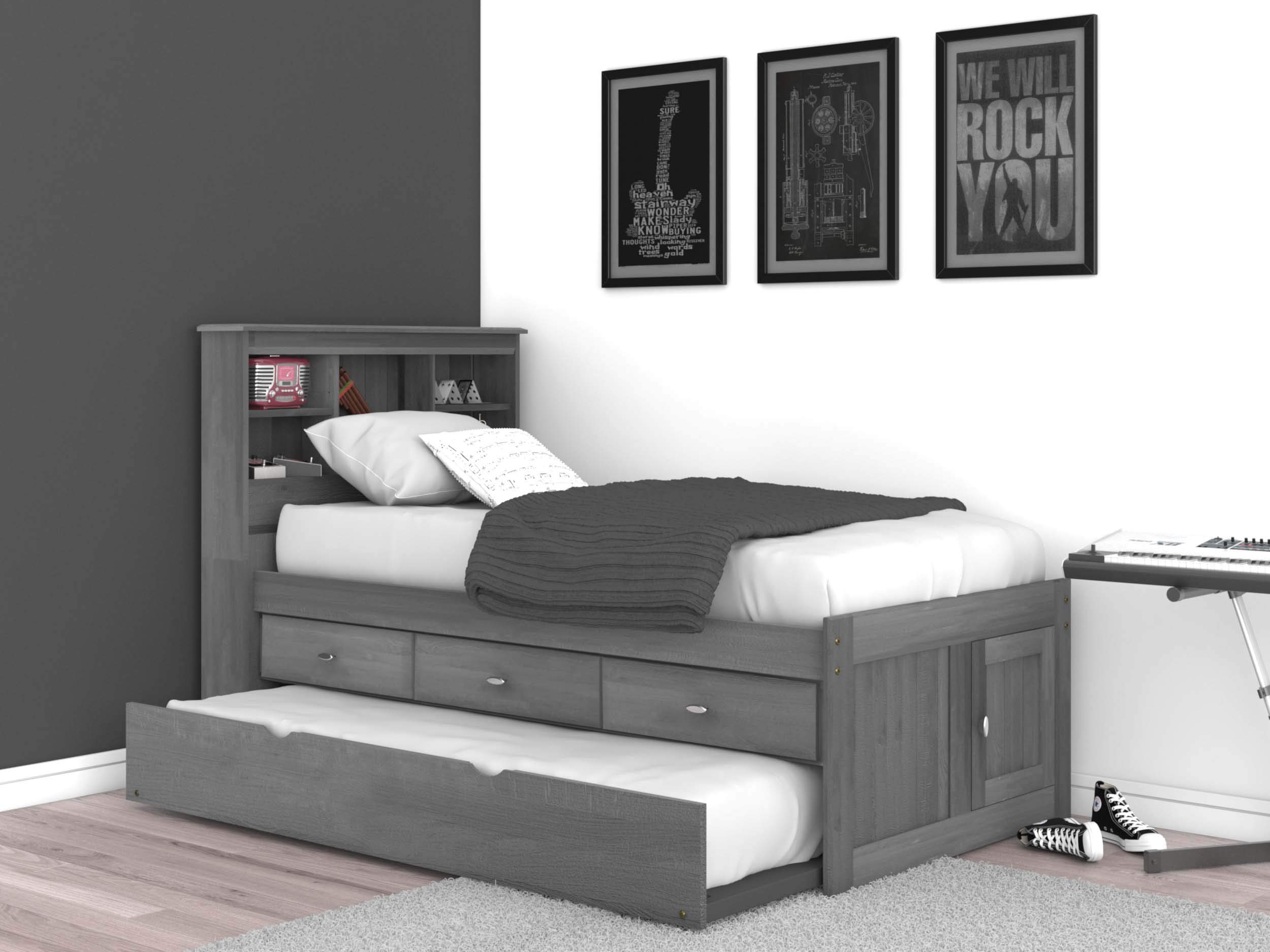 Discovery World Furniture Twin Bookcase Bed with 3 Drawers & Trundle - Space-Saving Kids Bedroom Furniture for Small Rooms, Dorm Rooms & Guest Rooms