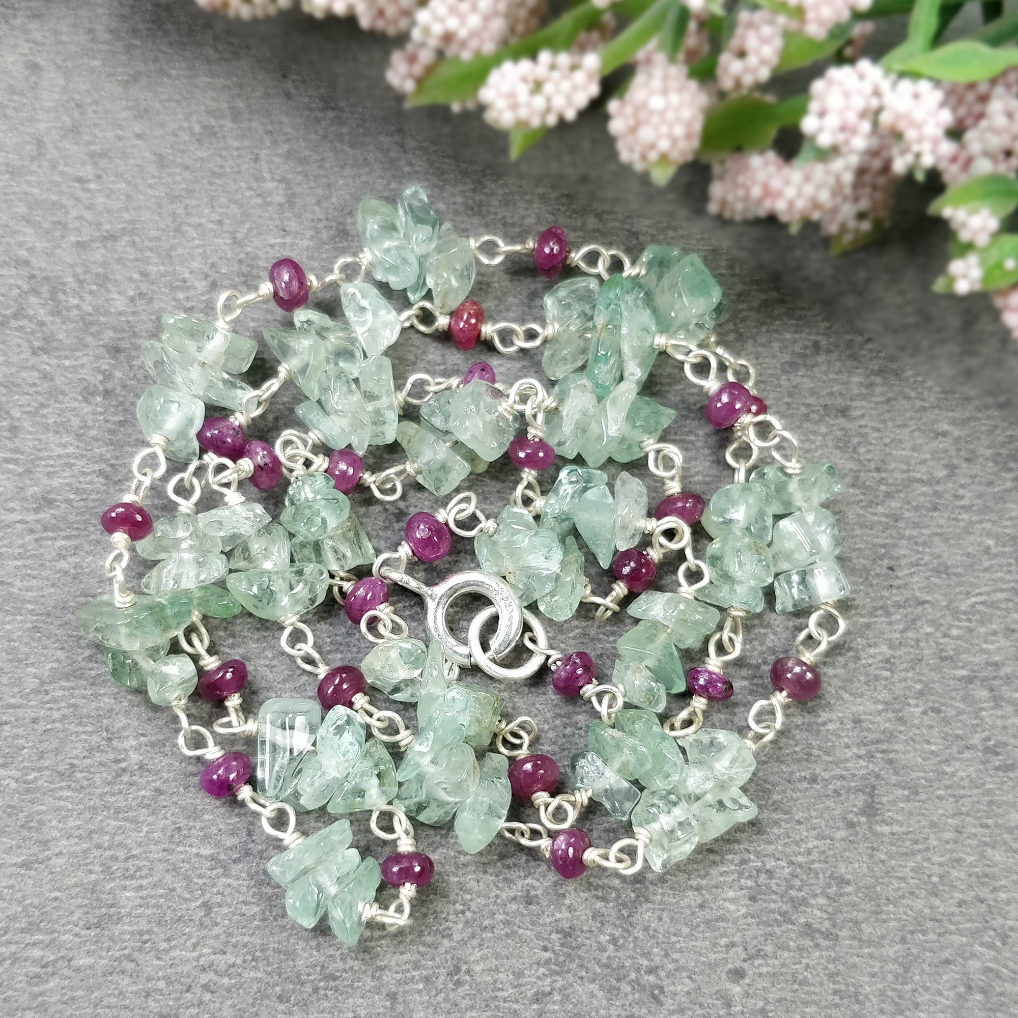 Natural Raw Uncut Emerald & Ruby Gemstone Beads 925 Sterling Silver Chain Necklace - 16 Inch Statement Jewelry Gift for Women, Perfect for Weddings, Parties & Special Occasions