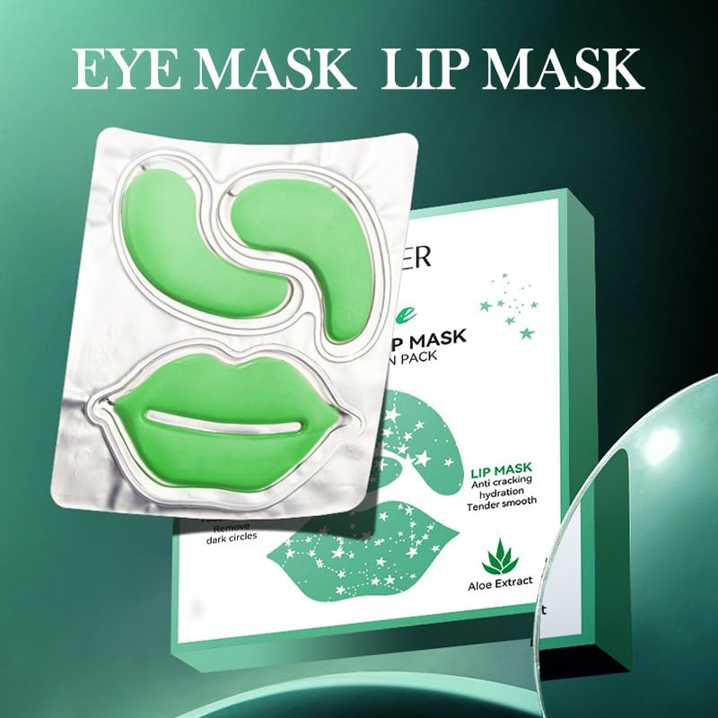 Aloe Vera Collagen Soothing Eye Mask & Moisturizing Lip Mask Set - 10 Pairs (9g Each) for Dark Circles, Wrinkles & Dry Lips - Perfect for Spa Night, Travel & Self-Care Routine