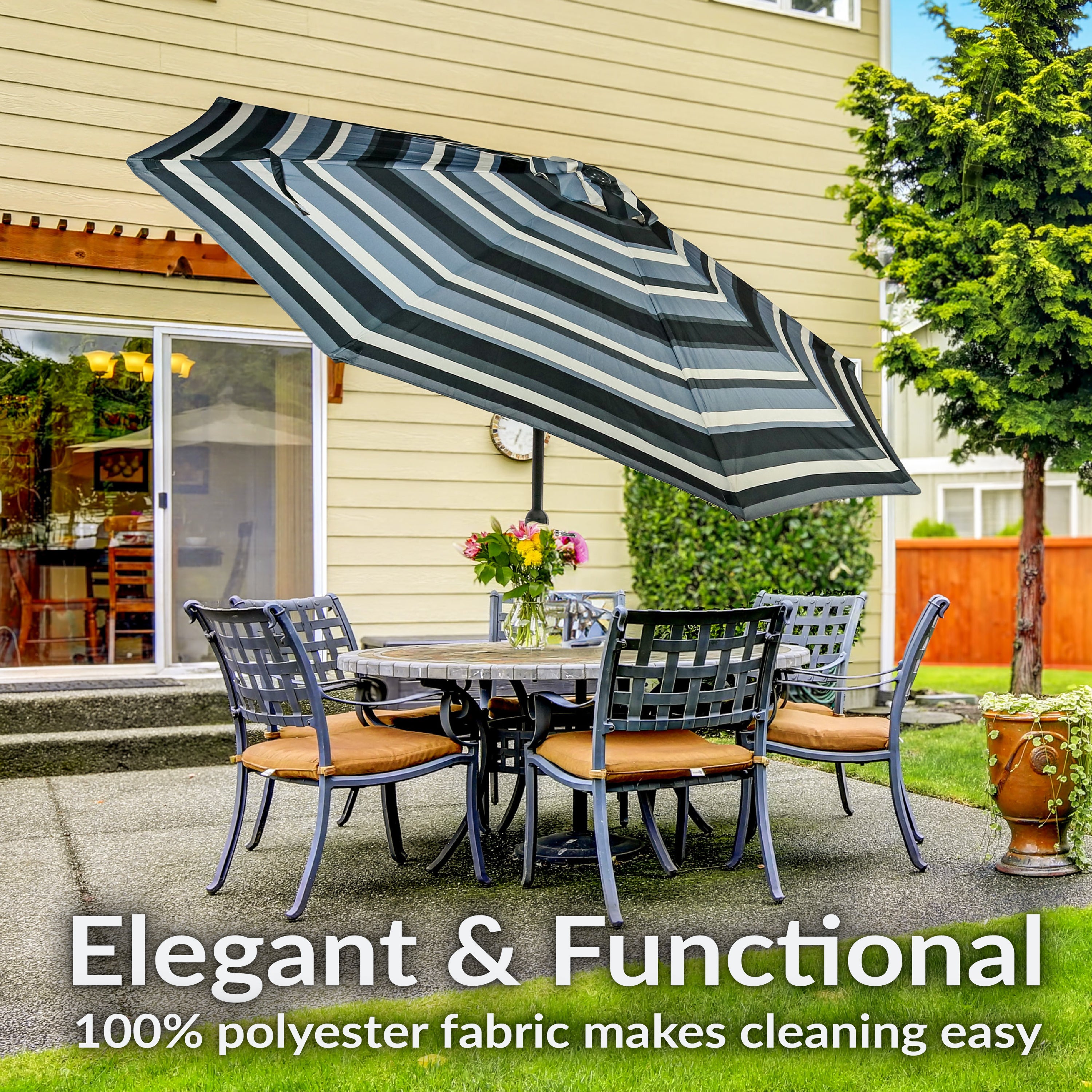 Sunnydaze 9-Foot Striped Outdoor Patio Umbrella with Push Button Tilt & Easy Crank Lift - Perfect for Poolside, Backyard, Garden, and Deck Shade