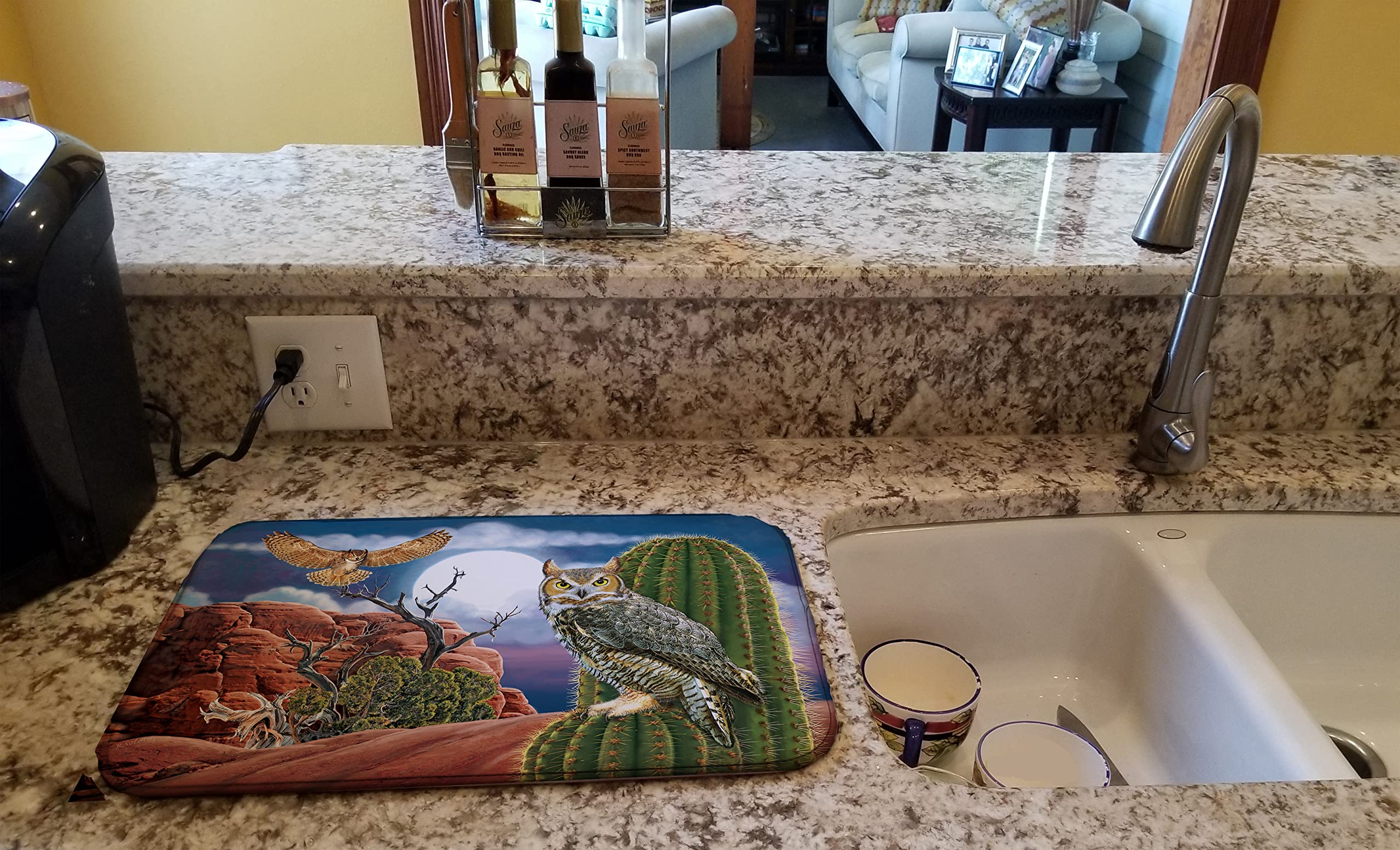 Great Horned Owl Dish Drying Mat - Absorbent Kitchen Counter Mat for Dishes, 14x21