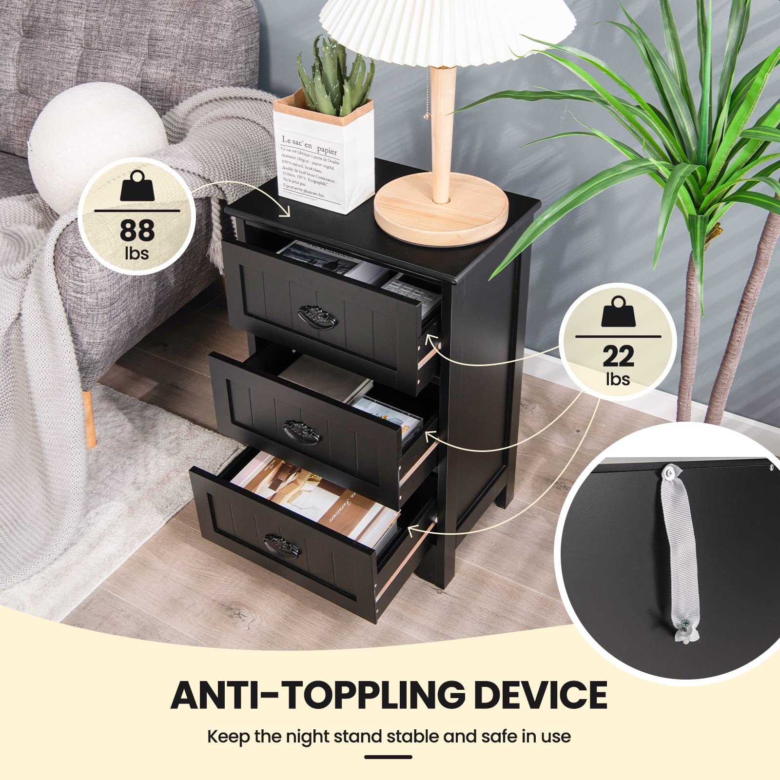Giantex 3-Drawer Nightstand with Metal Handles, Bedside Table with Anti-Tip Design - Black Accent Table for Bedroom, Living Room & Office | Perfect for Storing Books, Lamps & Bedroom Essentials