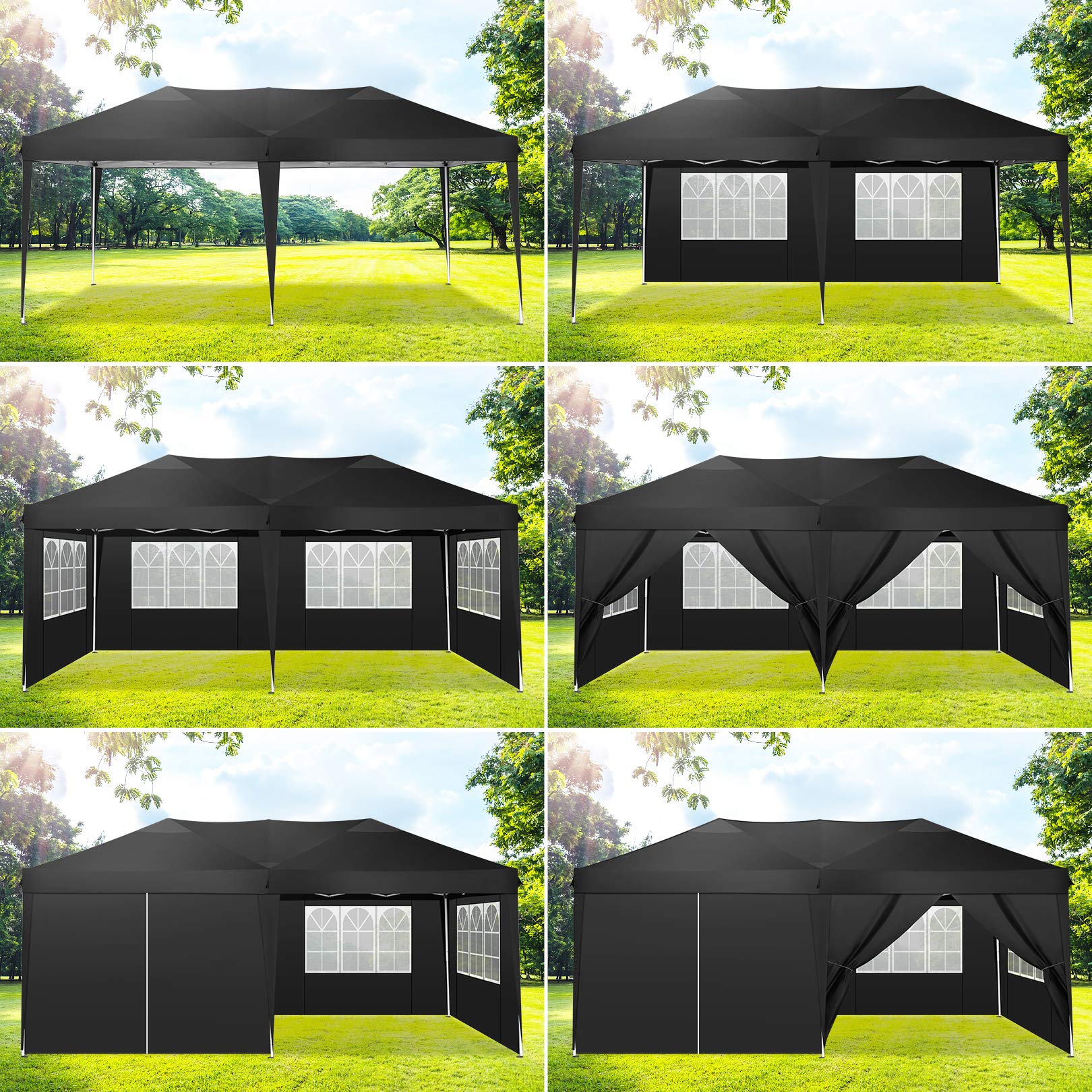 COBIZI 10x20 Pop Up Canopy Tent with 6 Sidewalls - Waterproof Instant Shelter for Outdoor Events, Camping, Parties & Commercial Use - Portable Gazebo for Backyard, Beach, Picnic & Tailgating - Easy Setup Black Event Tent