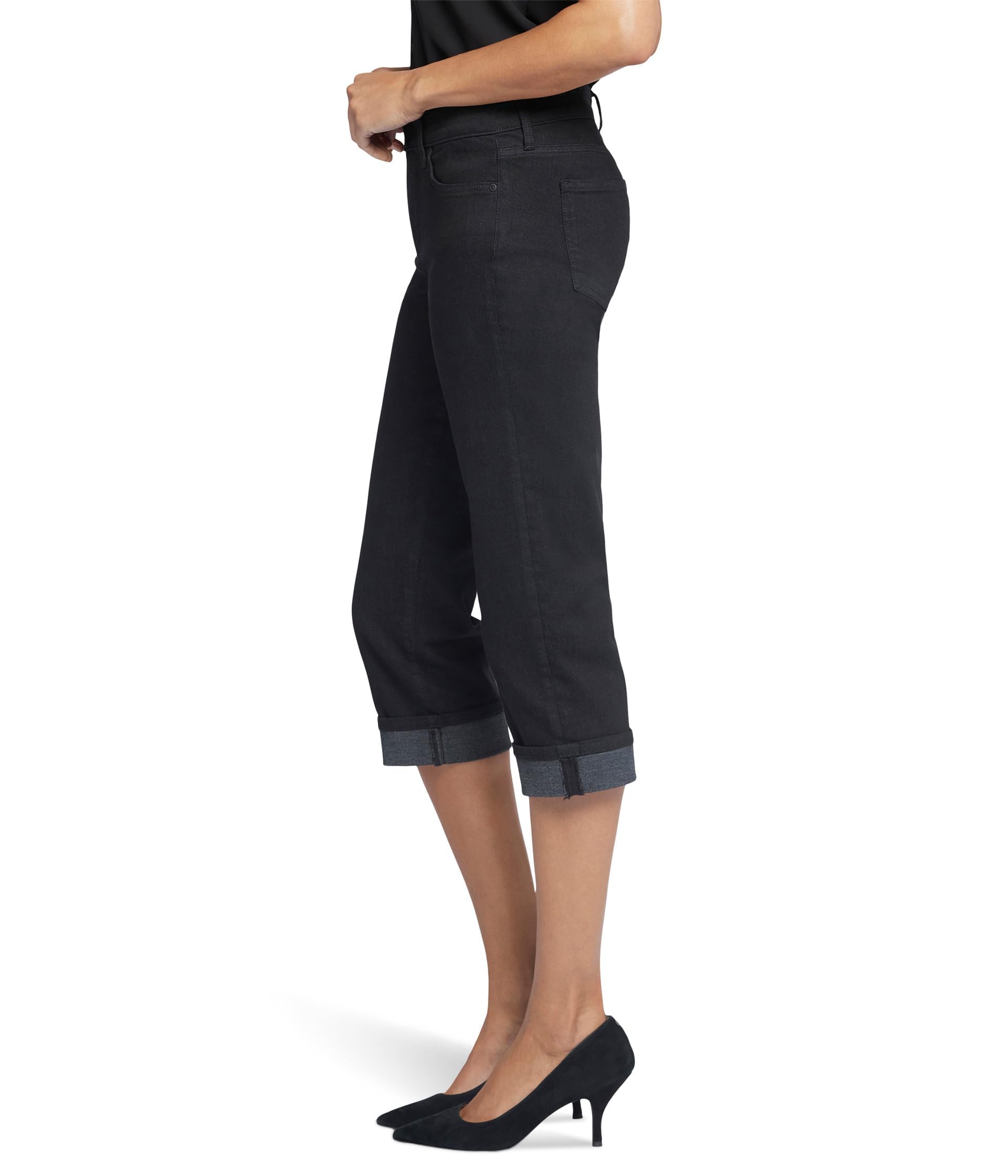 NYDJ Women's Marilyn Crop Cuff Jeans - Black High Waist Slim Fit Stretch Denim Pants for Work, Casual & Everyday Wear