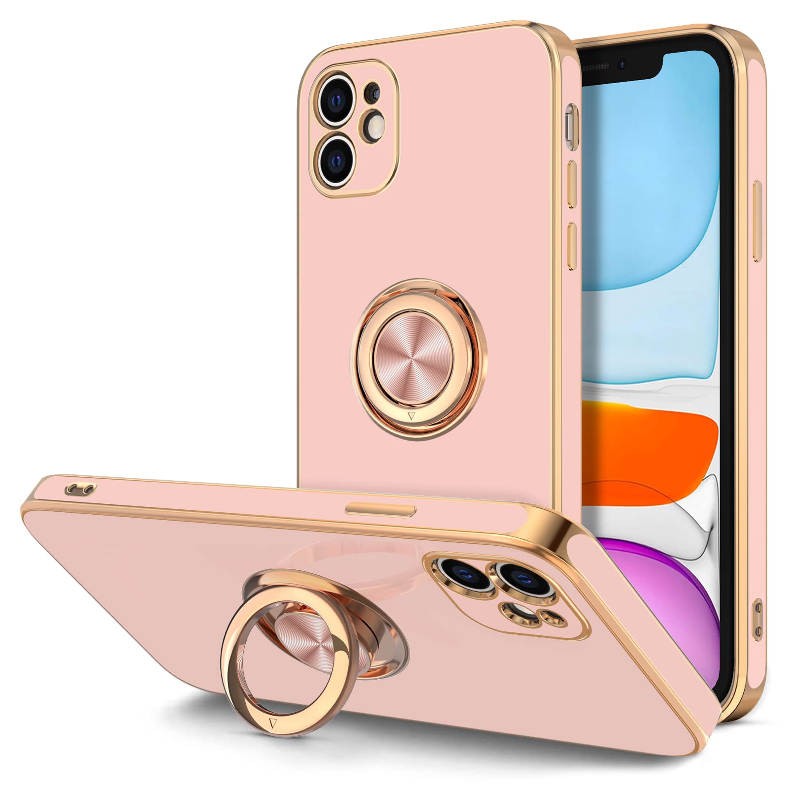 360° Rotatable Magnetic Ring Stand Case for iPhone 11 - Rose Gold Shiny Plated Edge, Slim Soft TPU Protective Cover (Pink) | Perfect for Women & Girls - Hands-Free Viewing, Secure Grip & Stylish Protection