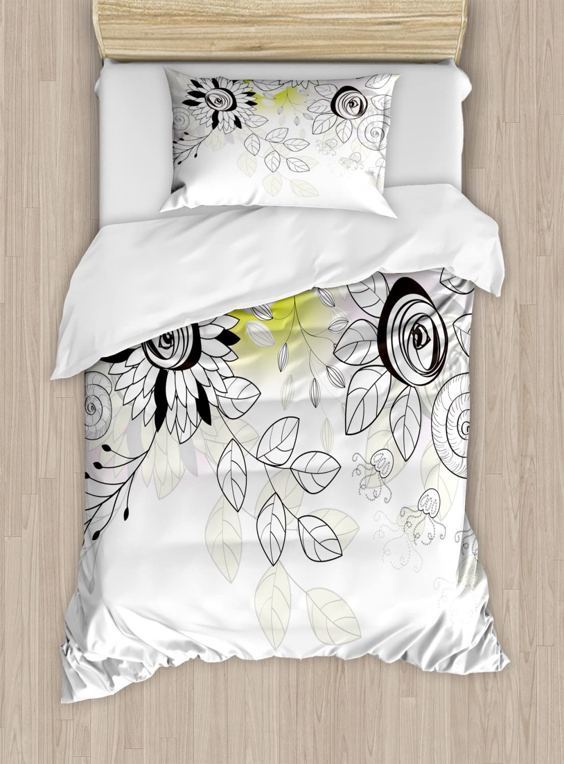 Ambesonne Floral Duvet Cover Set - Wild Garden Design with Snails, Twigs & Leaves - 2-Pack California King Size Bedding (Black, Eggshell Green) - Perfect for Spring Bedroom Decor & Nature-Themed Home Styling