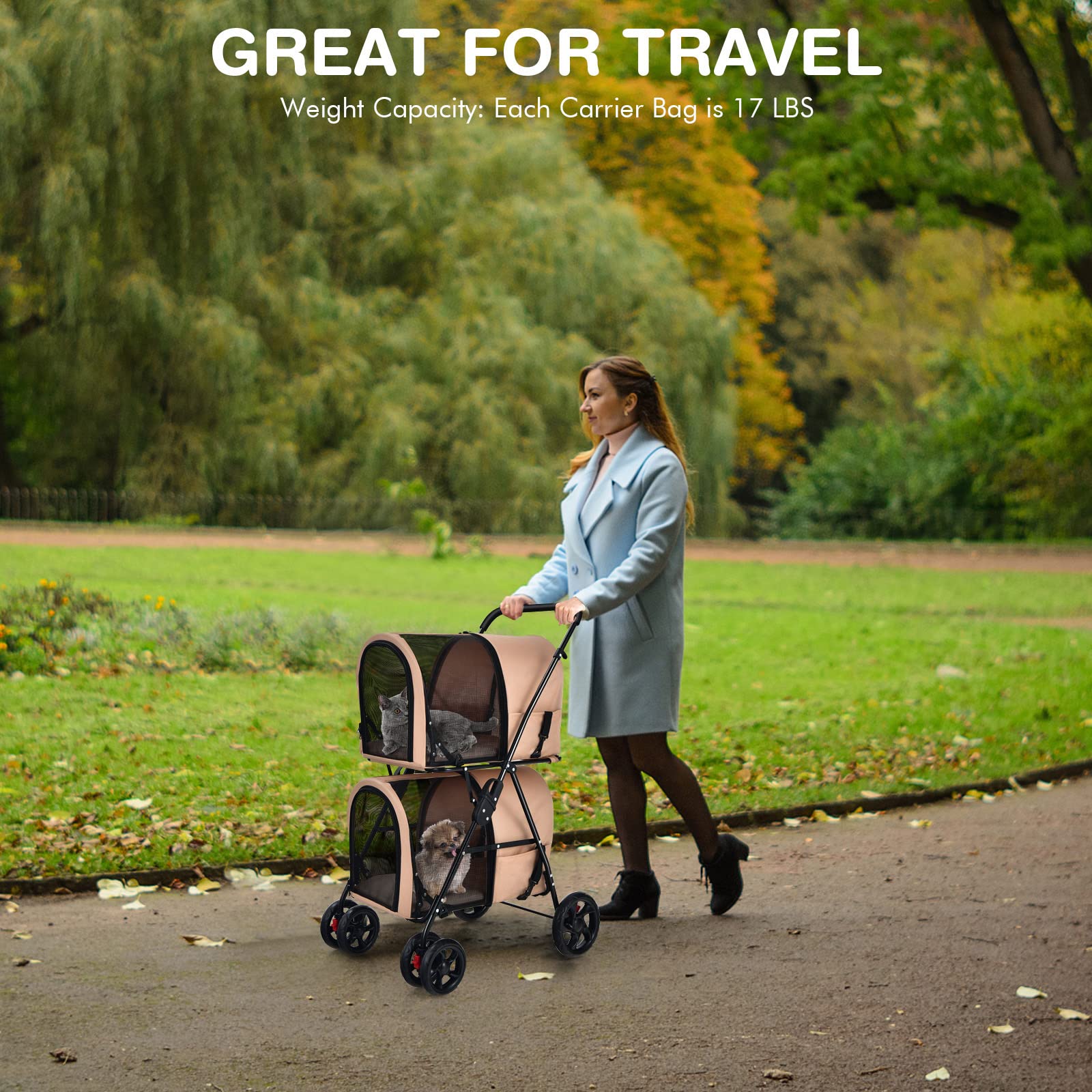 Giantex Double Pet Stroller for Dogs & Cats - 2 Detachable Carrier Bags, Safety Belts, 4 Lockable Wheels - Foldable Travel Carrier for Small/Medium Pets - Perfect for Park Walks, Vet Visits & Shopping Trips (Beige)