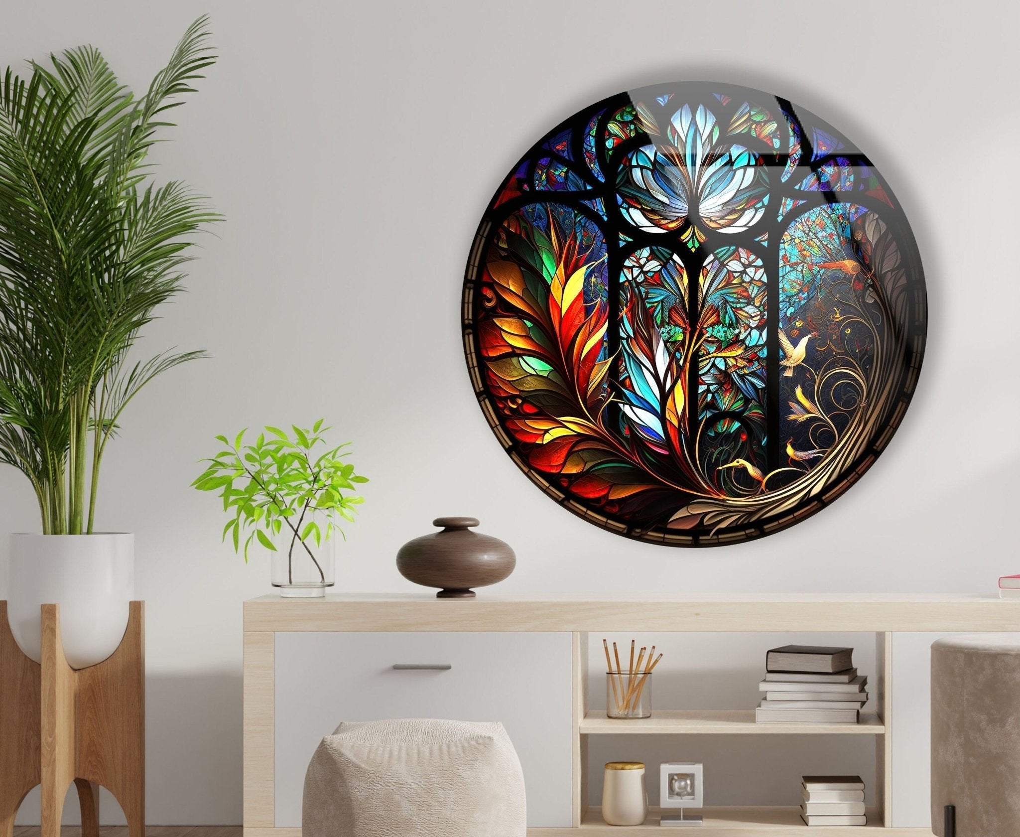 Handcrafted Stained Glass Round Wall Art Decor - Elegant Home & Office Decoration for Living Room, Bedroom, or Entryway