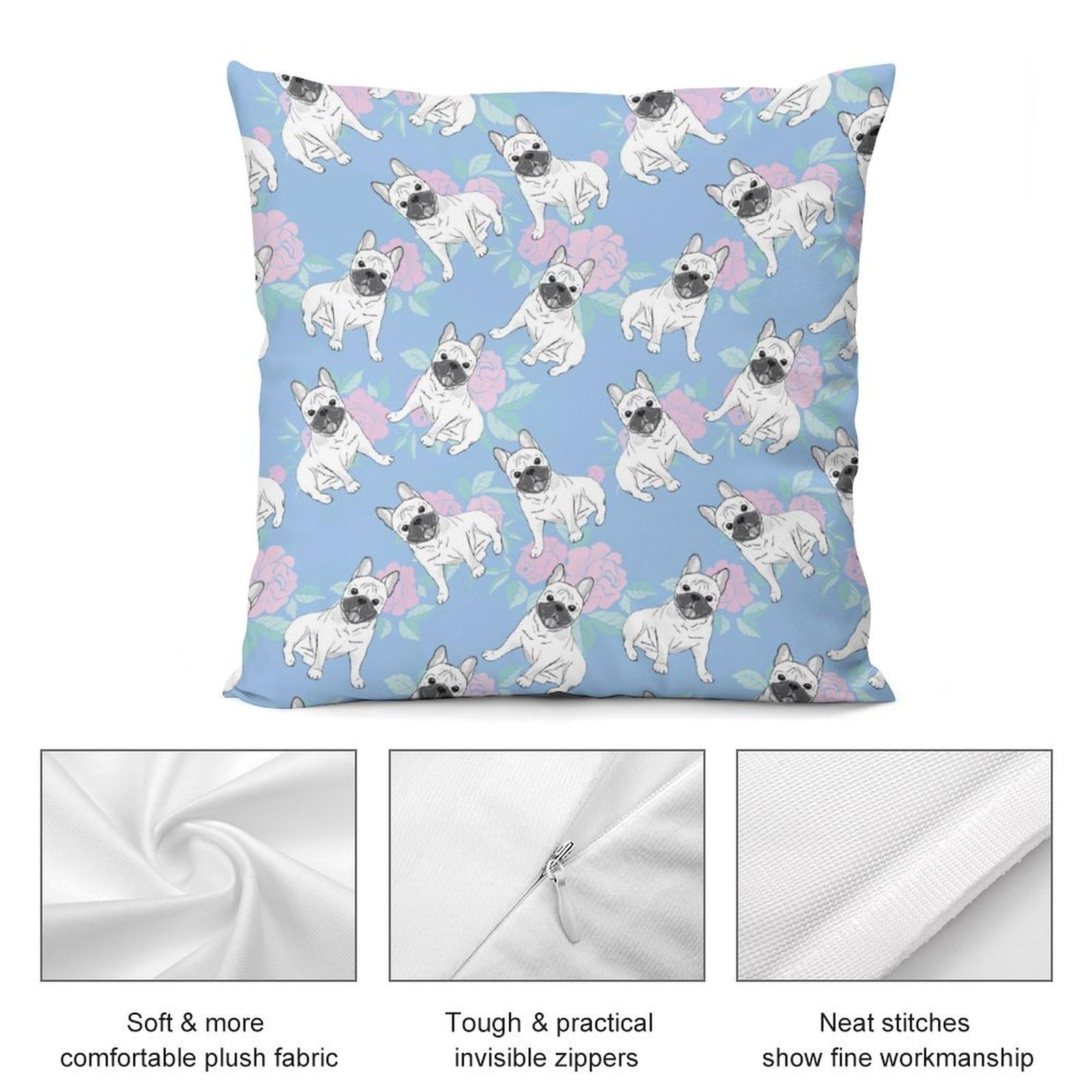 Adorable French Bulldog Plush Pillow Covers - Soft & Smooth Cushion Cases for Sofa & Bed (Set of 4, 24x24 Inches) - Perfect for Home Decor, Kids Room, Nursery, or Pet Lover Gifts