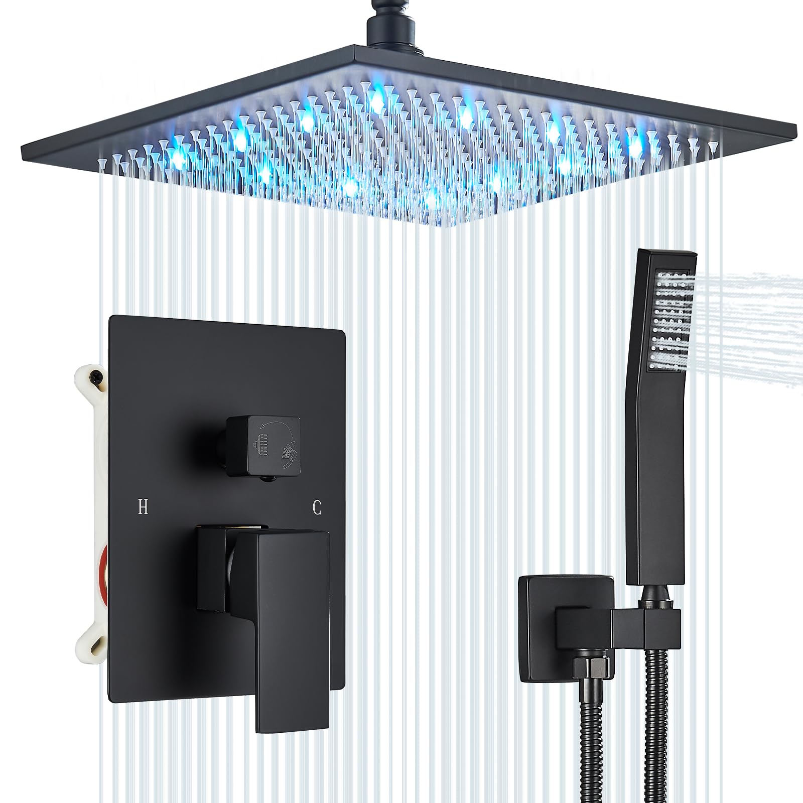 12 Inch Ceiling Mount Shower System with LED Rainfall Shower Head, Rough-in Valve, Body & Trim - Matte Black Finish for Modern Bathroom Renovations | Perfect for Spa-Like Showers and Luxury Home Upgrades