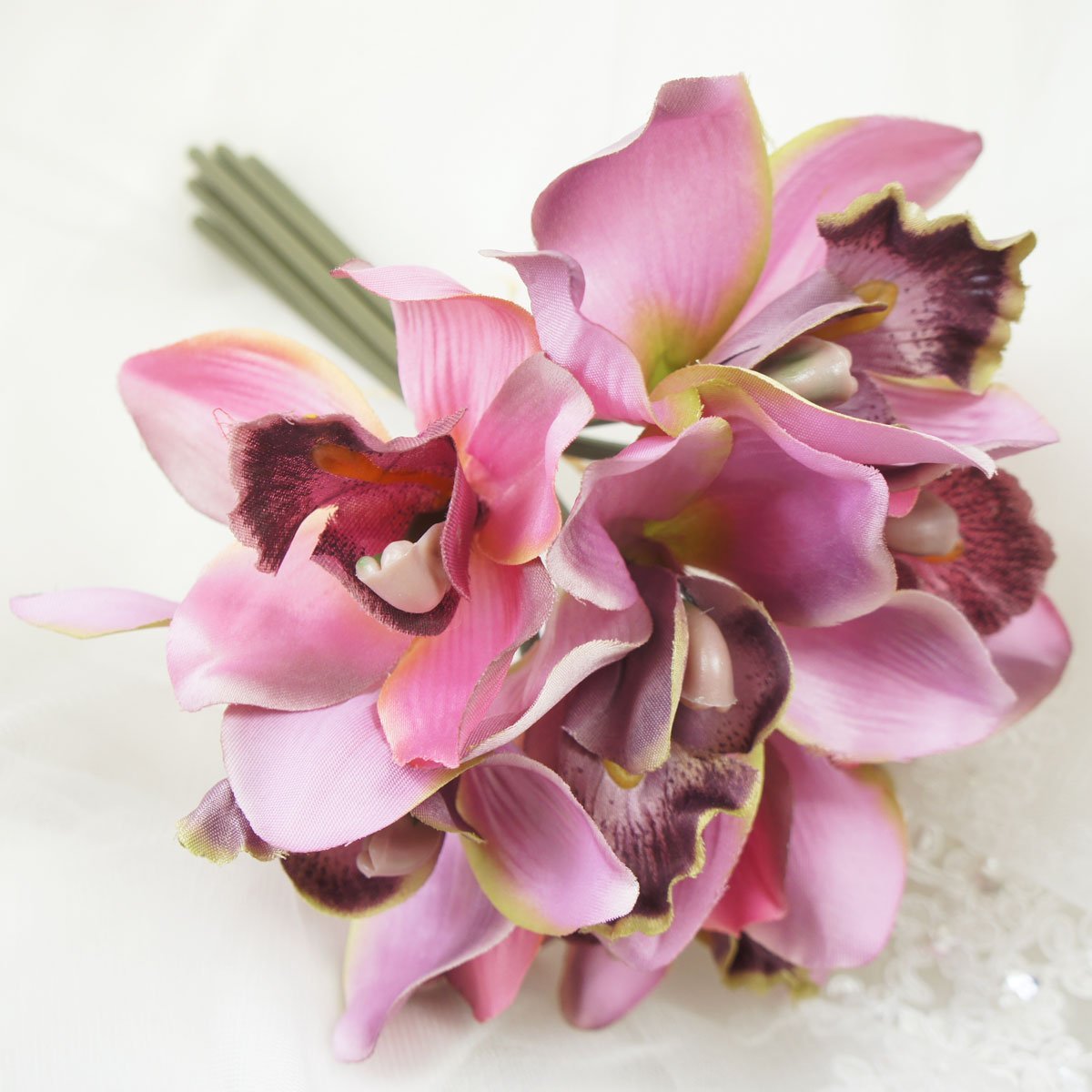 Mini 7 Stems Cymbidium Orchid Bundle - Realistic Artificial Silk Flowers in Mauve for Home Decor, Wedding Centerpieces & Office Arrangements