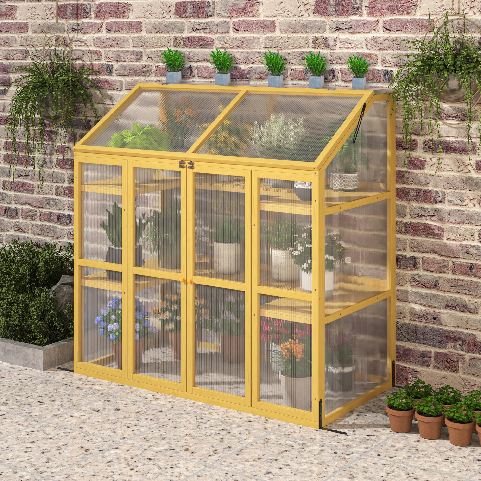 JOYBASE Wooden Cold Frame Greenhouse with Transparent Openable Roof & Shelves - Outdoor Indoor Garden Greenhouse for Backyard, Balcony & Patio Plants - Perfect for Seed Starting, Plant Protection & Year-Round Gardening