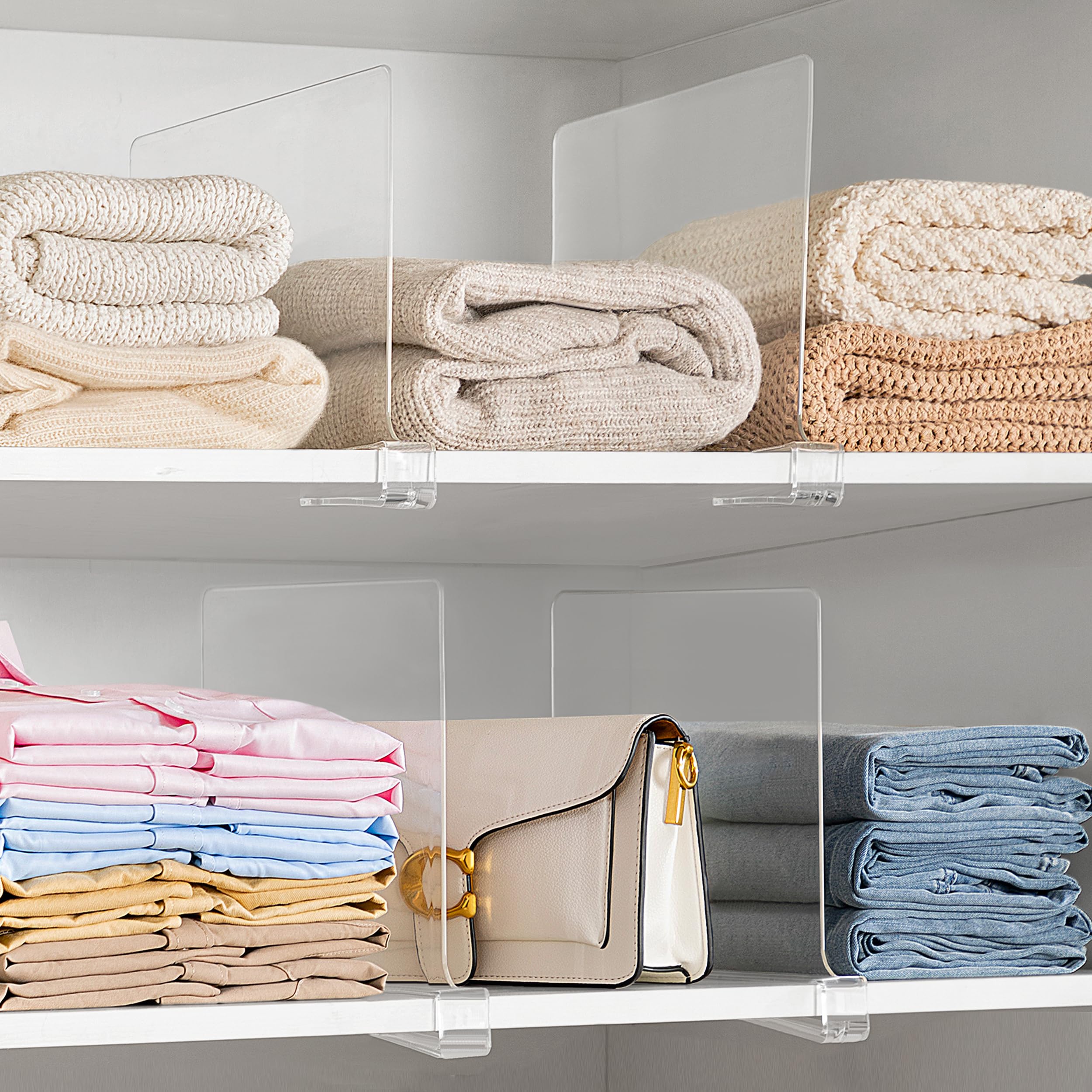 8 Pack 12 Inch Extra Tall Clear Acrylic Shelf Dividers - Closet & Cabinet Organizers for Bedroom, Kitchen, Office - Perfect for Pantry Shelves, Bookcases & Storage Cabinets