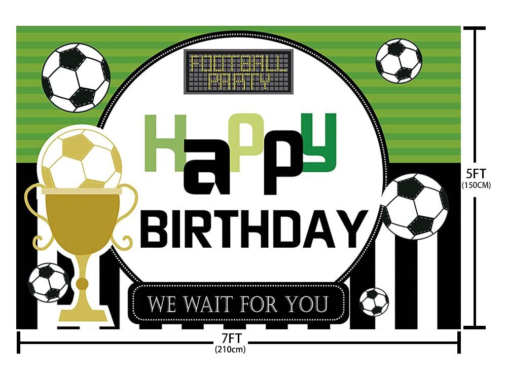 7x5ft Soccer Birthday Backdrop - Football Champions Trophy Party Decor for Boys, Green Lawn Black White Stripe Photo Background, Cake Table Banner Props - Perfect for Birthday Parties, Sports Celebrations & Photo Booths