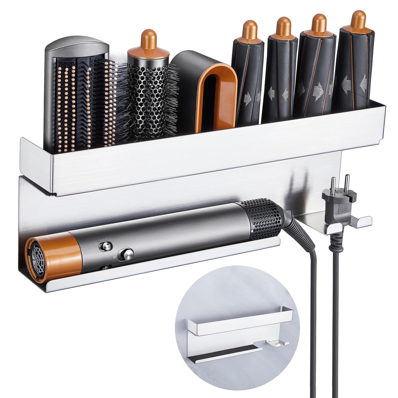 Stainless Steel Wall Mount Hair Tool Organizer - Hair Dryer Holder & Curling Iron Wand Accessories Storage for Bathroom | Perfect for Styler Attachments, Hair Straightener & Beauty Tools Organization