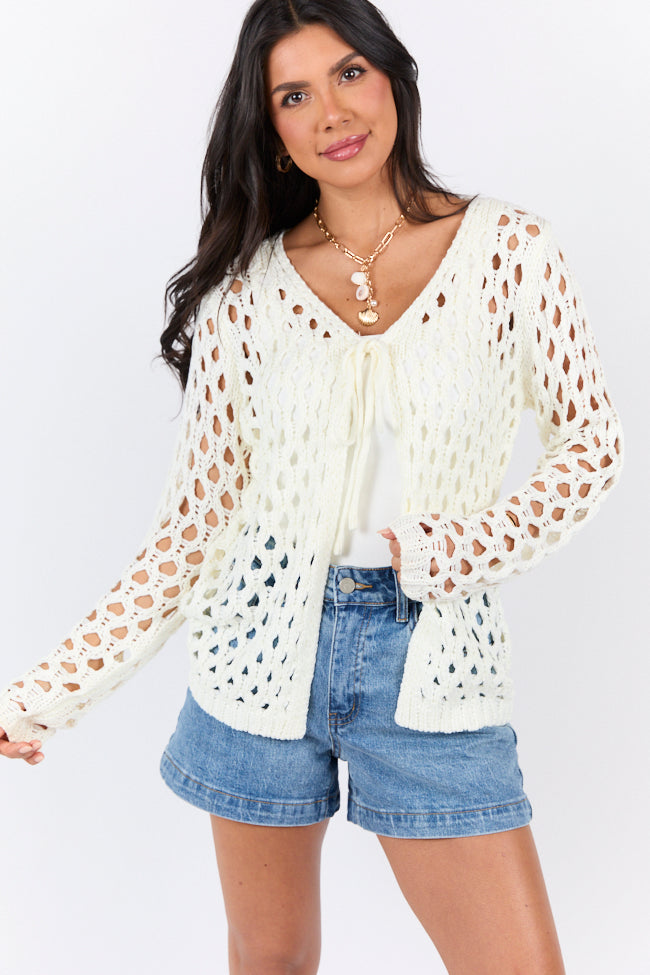 Open Thoughts Ivory Open Knit Tie Front Cardigan - Women's Lightweight Summer Cover Up for Beach, Office & Casual Outfits