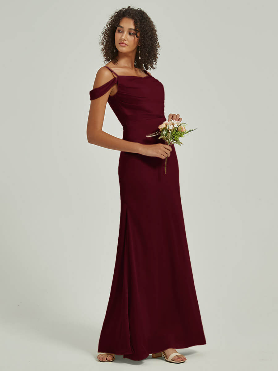 Elegant Burgundy Cowl Neck Straps Side Slit Silk Satin Convertible Bridesmaid Dress - Perfect for Weddings, Parties & Formal Events