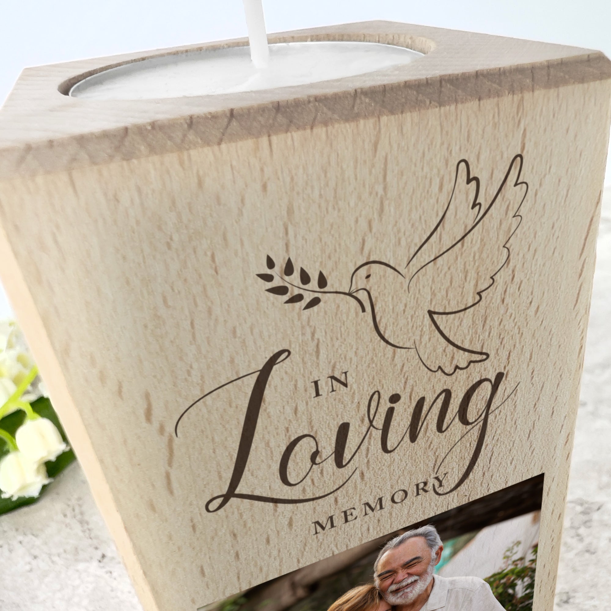 Personalized Memorial Dove Solid Wood Photo Tea Light Holder - 2 Sizes for Home Decor, Sympathy Gifts & Memorial Ceremonies