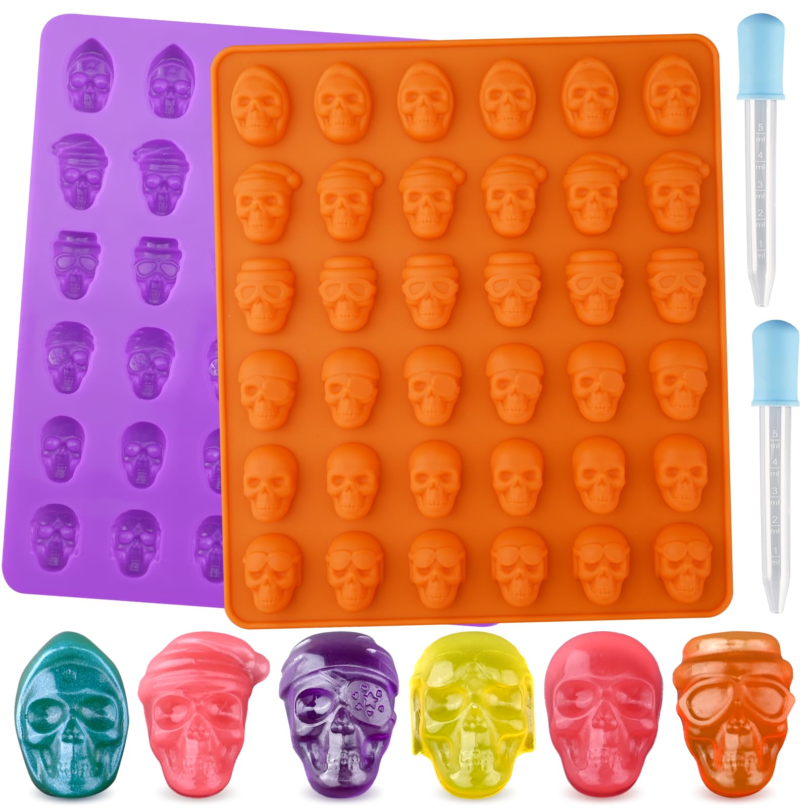 HUAKENER 2 Pack Silicone Skull Candy Molds with Droppers - Food Grade Chocolate, Jelly, Ice Cube & Resin Casting Molds for Halloween Treats, DIY Crafts & Dog Snacks - Perfect for Party Decorations & Baking Projects
