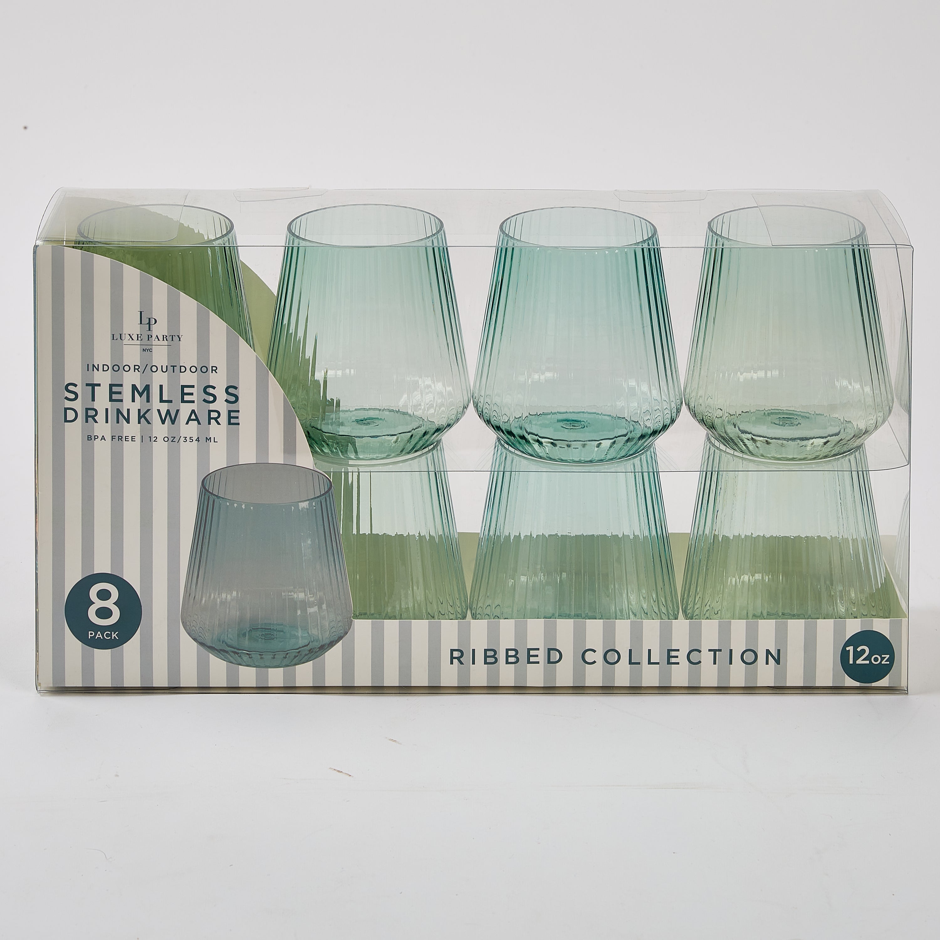 12 oz. Blue Plastic Stemless Ribbed Wine Goblets - 8 Pack Set for Outdoor Parties, Picnics & BBQs - Shatterproof & Reusable Drinking Cups