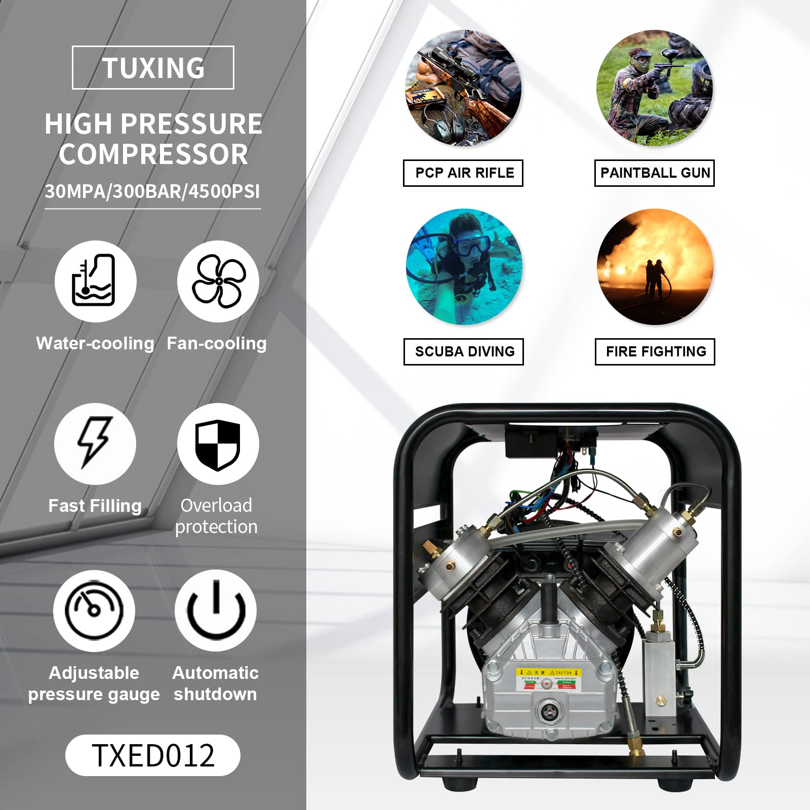TUXING 4500Psi PCP Air Compressor | High Pressure Scuba Tank Diving Compressor | Double Cylinder Adjustable Pressure Pump for PCP Air Rifles & Scuba Diving Tanks | 110V Electric (TXED012) | Perfect for Hunting, Paintball & Underwater Adventures