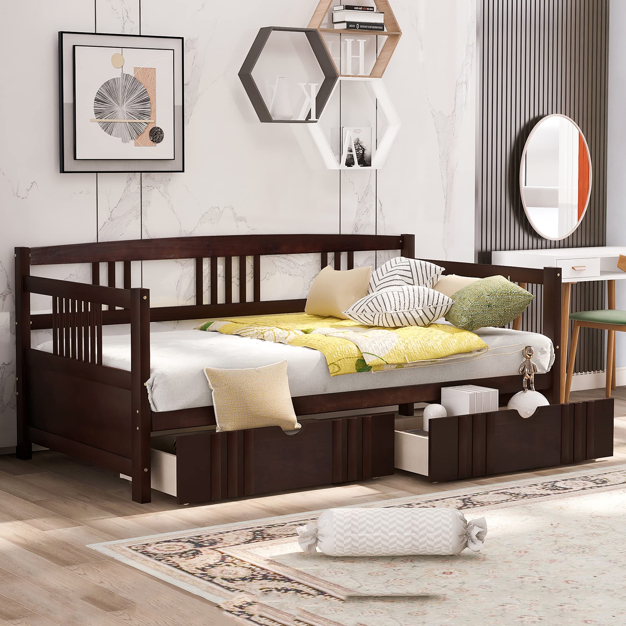 P PURLOVE Twin Size Wooden Daybed with Rails & Drawers - Modern Espresso Finish, Solid Wood Slat Support - Perfect for Guest Rooms, Small Spaces & Multi-Functional Living Areas