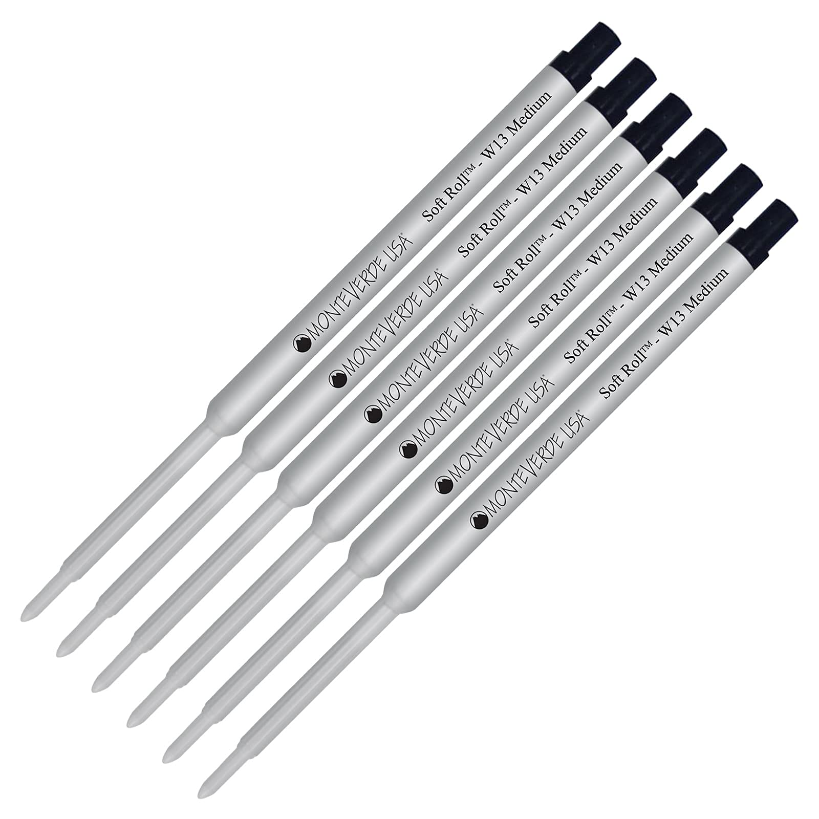 Monteverde Soft Roll Ballpoint Ink Refills 6-Pack - W13 Paste Ink Refill Compatible with Waterman Style Pens - Medium Tip 0.7mm Black - Perfect for Office, School & Everyday Writing