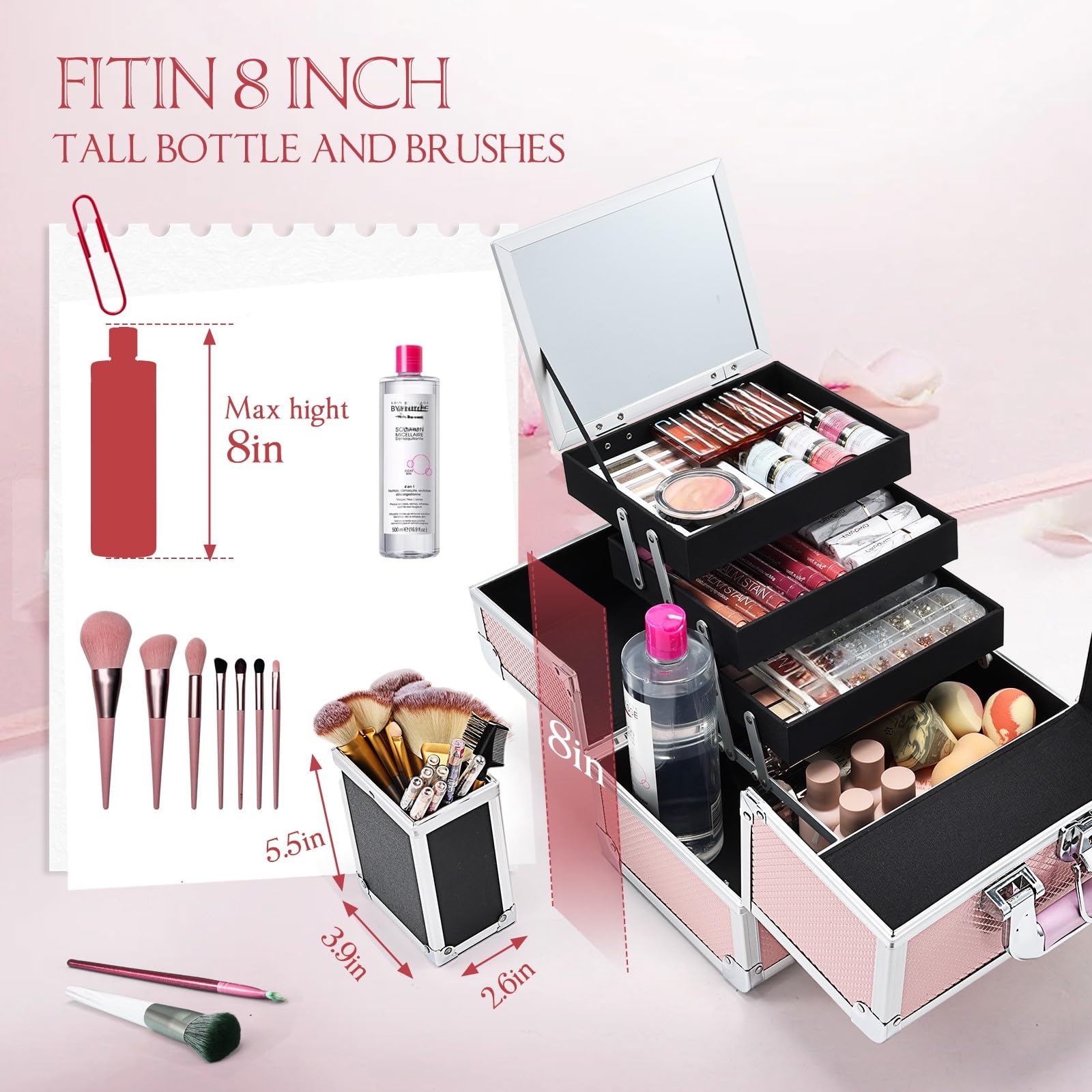 Joligrace Professional Makeup Train Case - 11.8 Inch Lockable Cosmetic Organizer with Mirror, 3-Tier Trays & Brush Holder | Portable Travel Jewelry Box in Mermaid Pink | Perfect for Makeup Artists, Travelers & Beauty Enthusiasts