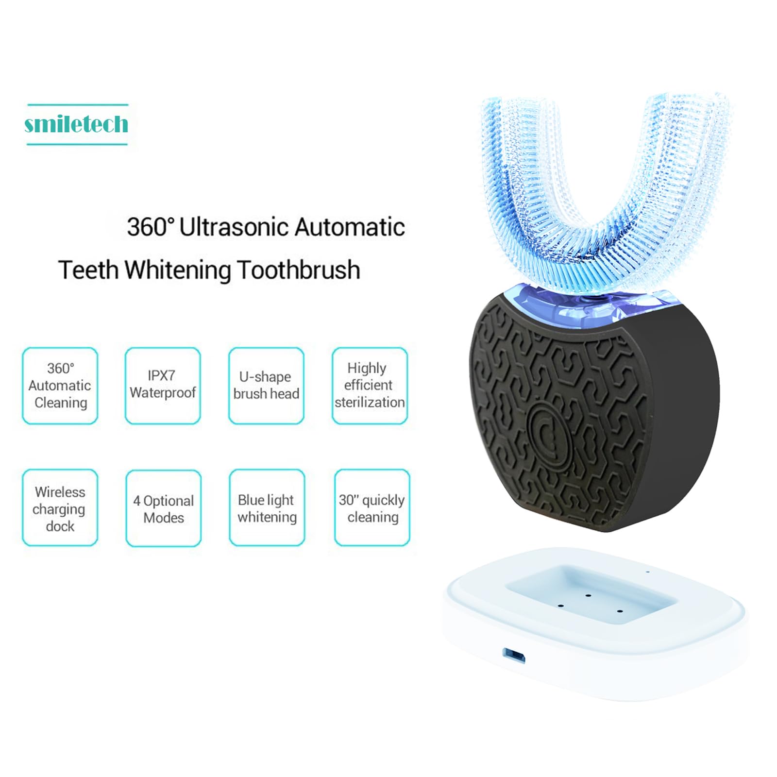 Automatic U-Shaped Ultrasonic Toothbrush for Adults - Teeth Whitening Sonic Electric Toothbrush (Black) | Perfect for Travel, Home & Daily Oral Care