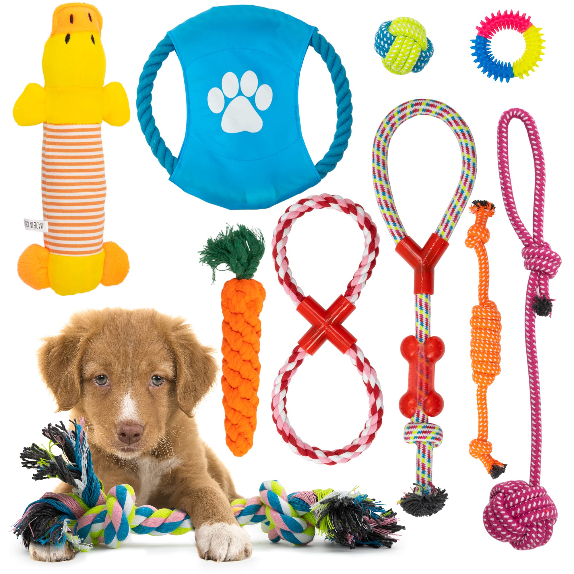 Durable 10-Pack Fur & Bone Dog Chew Toys - Puppy Teething Toys with Rope & Squeaker for Small & Medium Dogs - Perfect for Boredom Relief, Training, and Playtime at Home or Outdoors