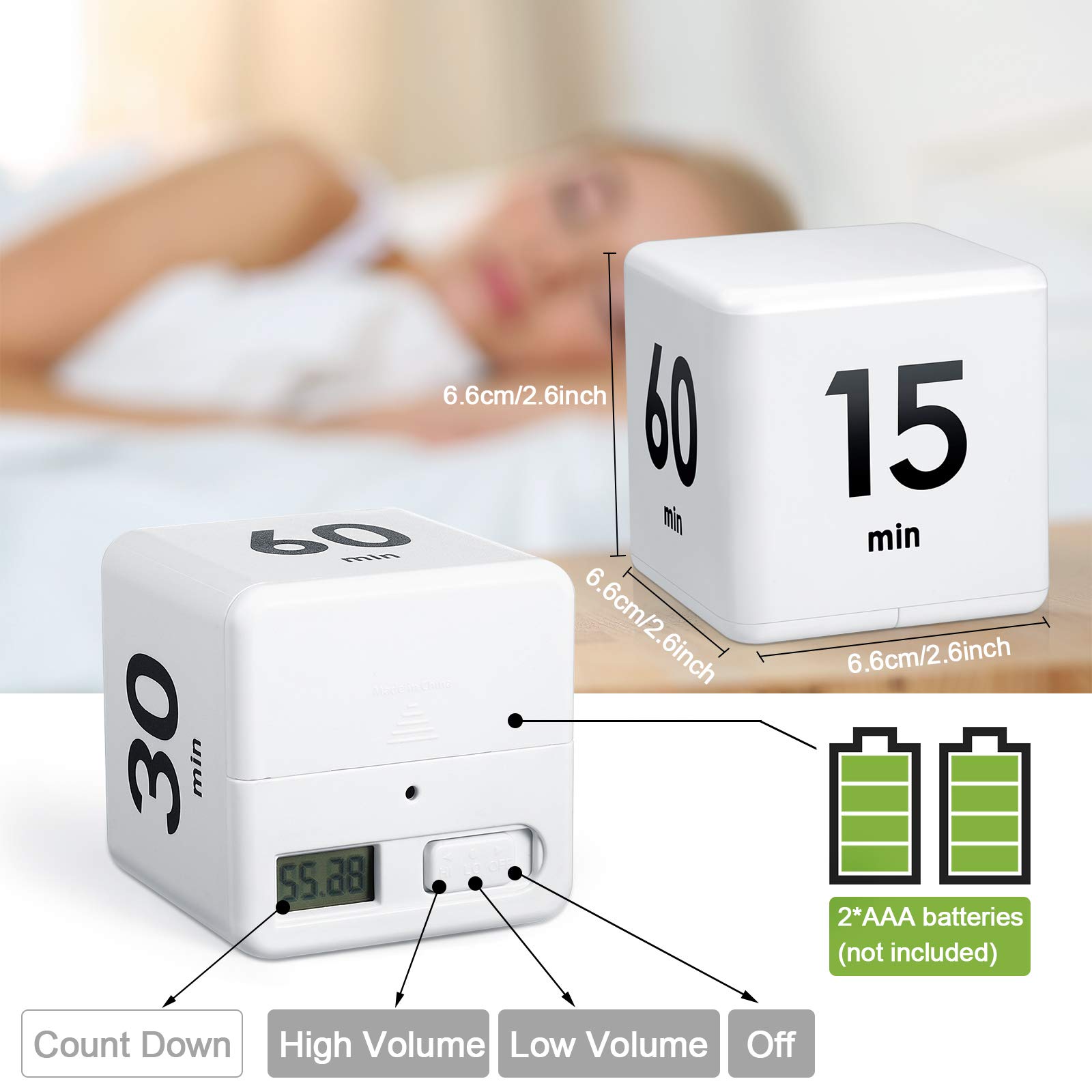 Weewooday 2.6 Inch White Cube Timer - ADHD Focus Tool with Gravity Sensor for Productivity, Workouts & Time Management (15/20/30/60 Min Settings) - Perfect for Studying, Cooking, Office & Classroom Use