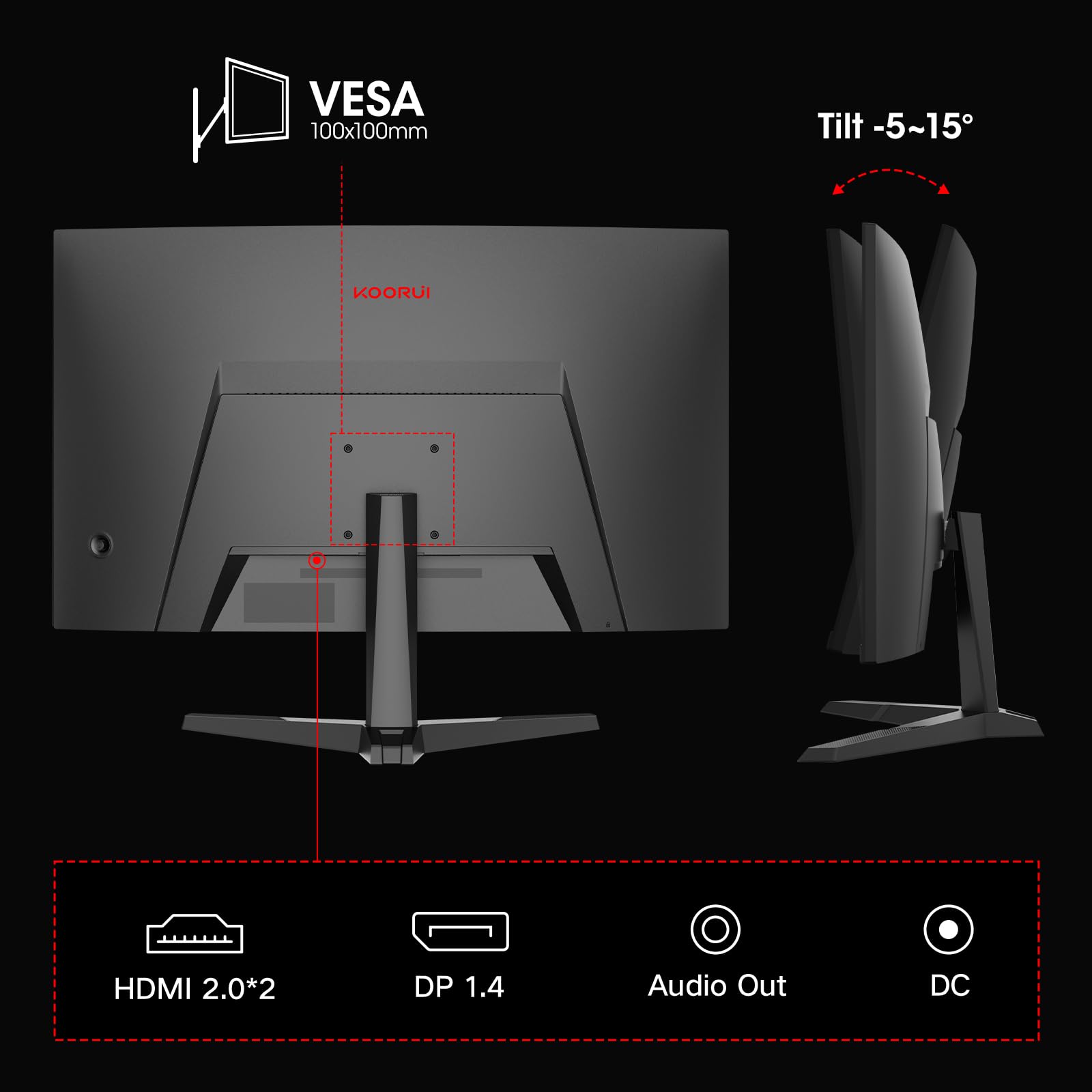 KOORUI 27 Inch Curved Gaming Monitor - QHD 2560x1440, 180Hz Refresh Rate, 1ms Response Time, AMD FreeSync, HDR10, VESA Mount, DisplayPort & HDMI Ports - Perfect for Esports, PC Gaming, and Home Office Setup