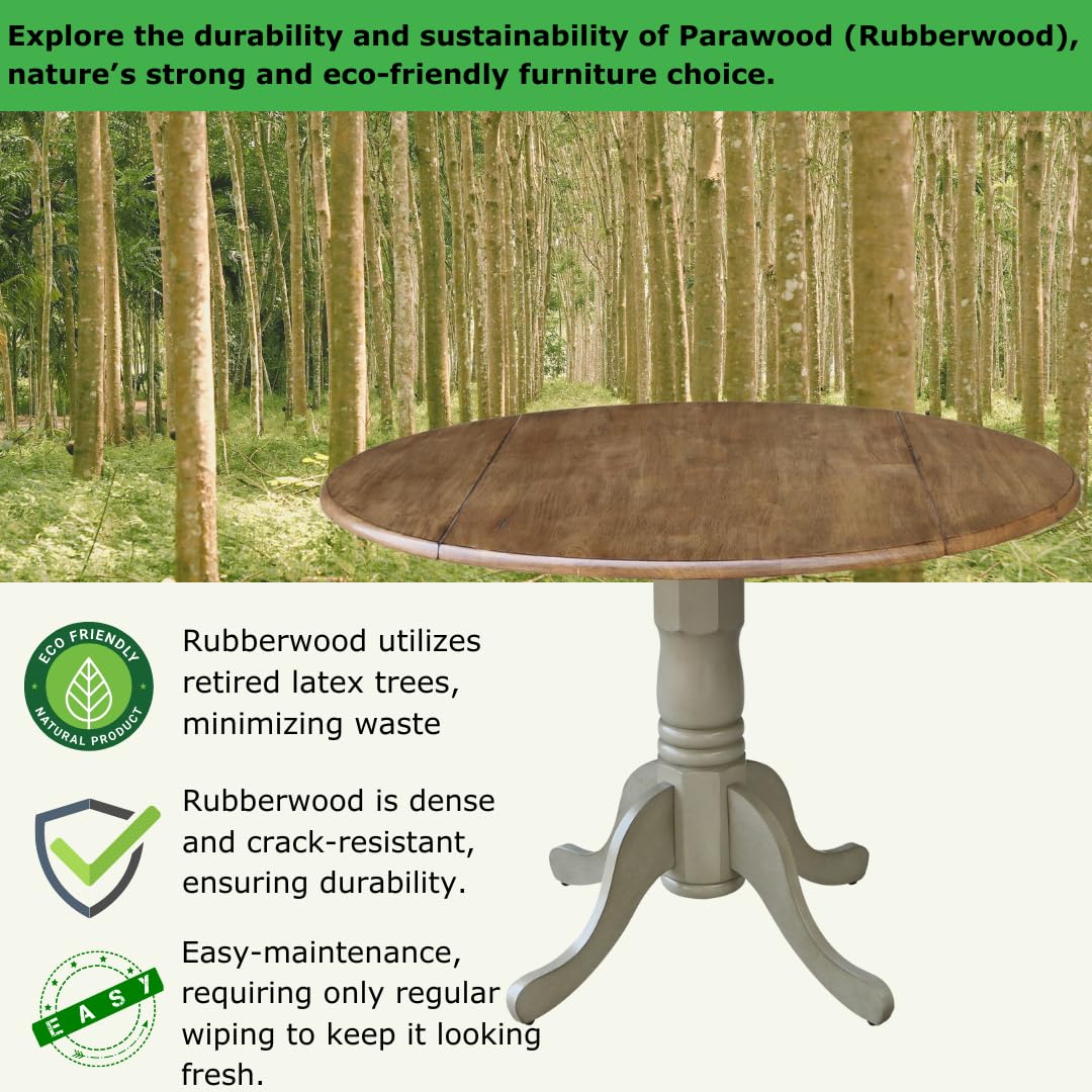 IC International Concepts 42-Inch Round Dual Drop Leaf Pedestal Dining Table - Solid Real Parawood with Distressed Hickory/Stone Finish | Perfect for Small Spaces, Kitchen Nooks & Cozy Dining Rooms